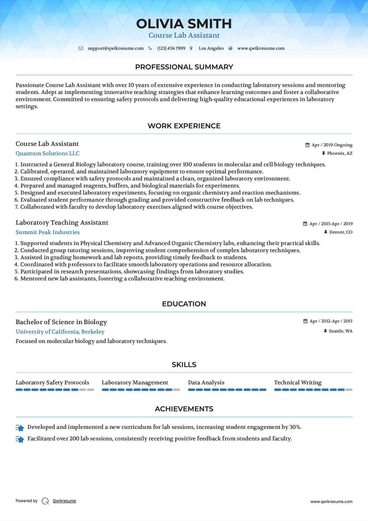 Course Lab Assistant Resume Template