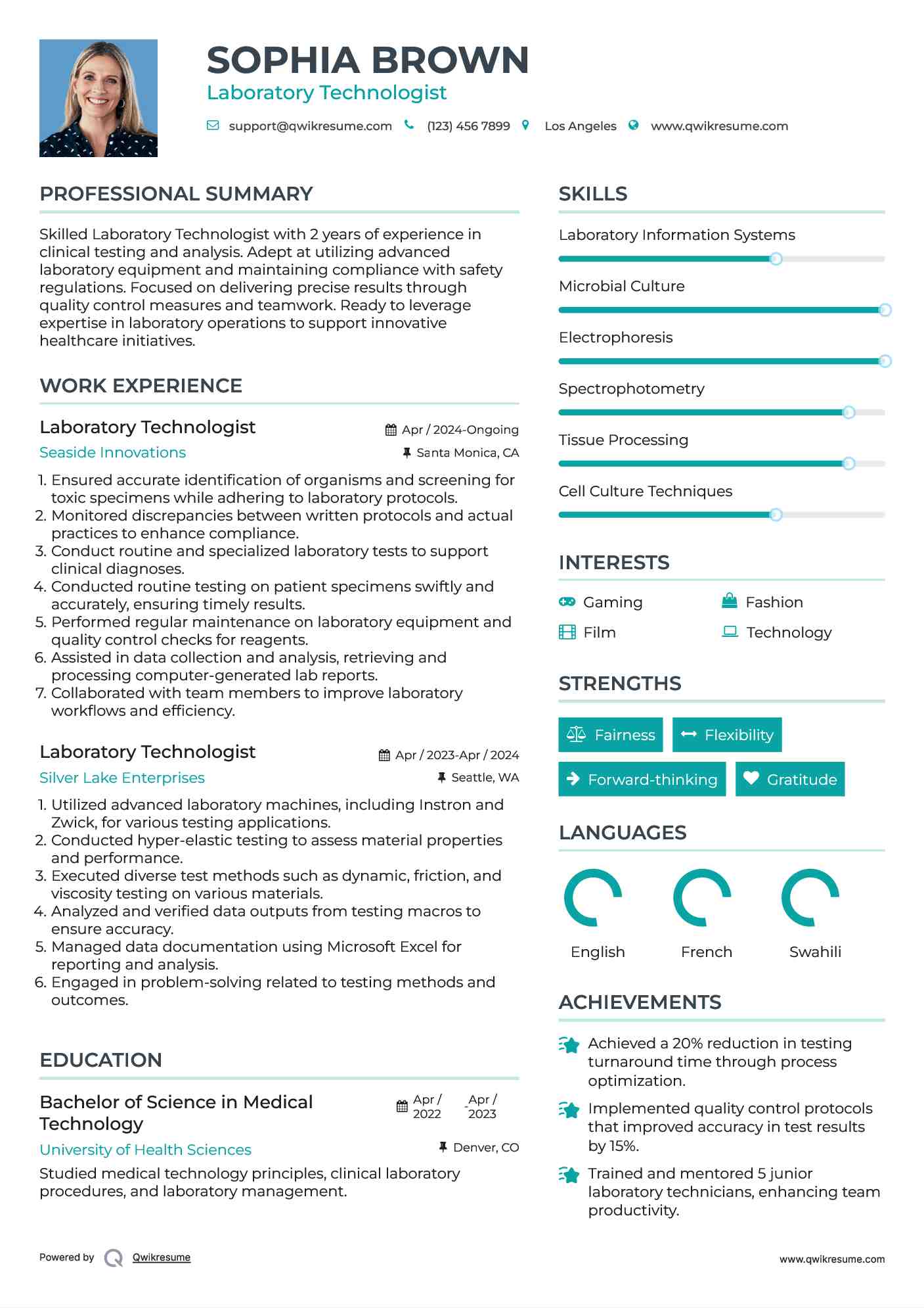 Laboratory Technologist Resume Example