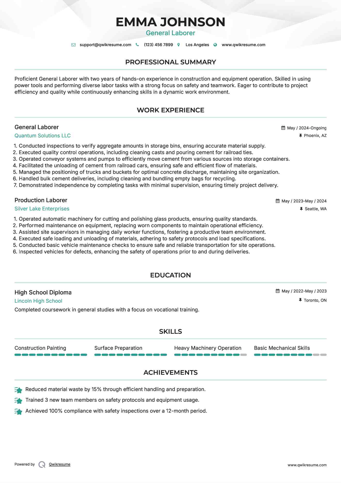 General Laborer Resume Template