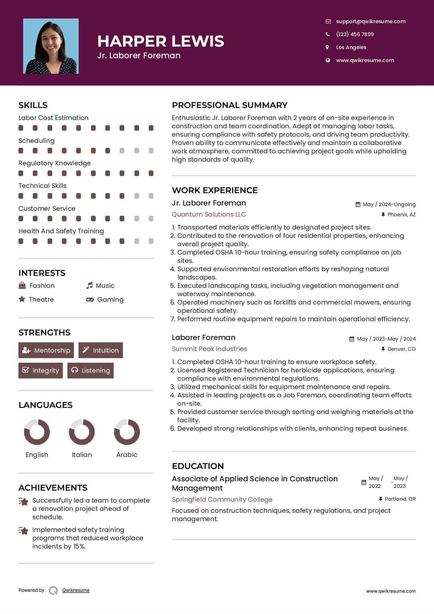 Jr. Laborer Foreman Resume Example