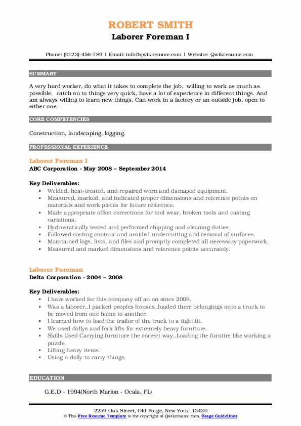 Laborer Foreman Resume Samples QwikResume