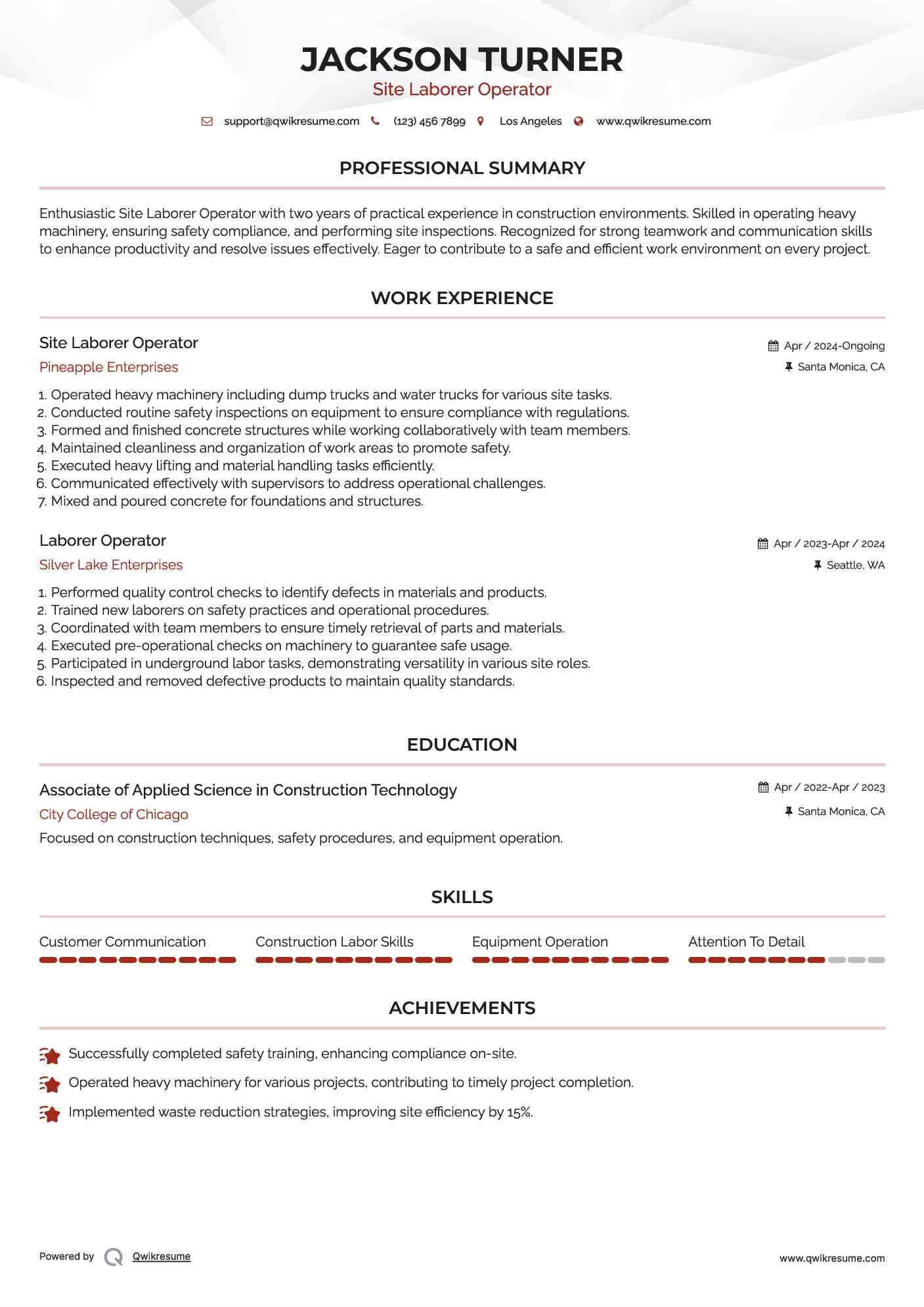 Site Laborer Operator Resume Format
