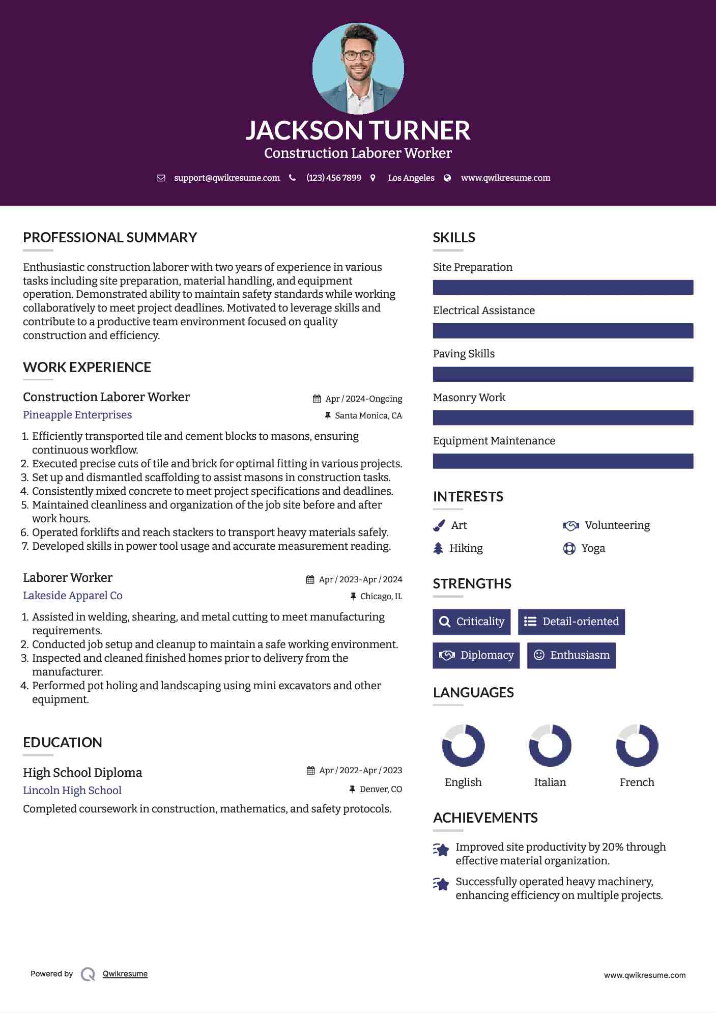 Construction Laborer Worker Resume Model
