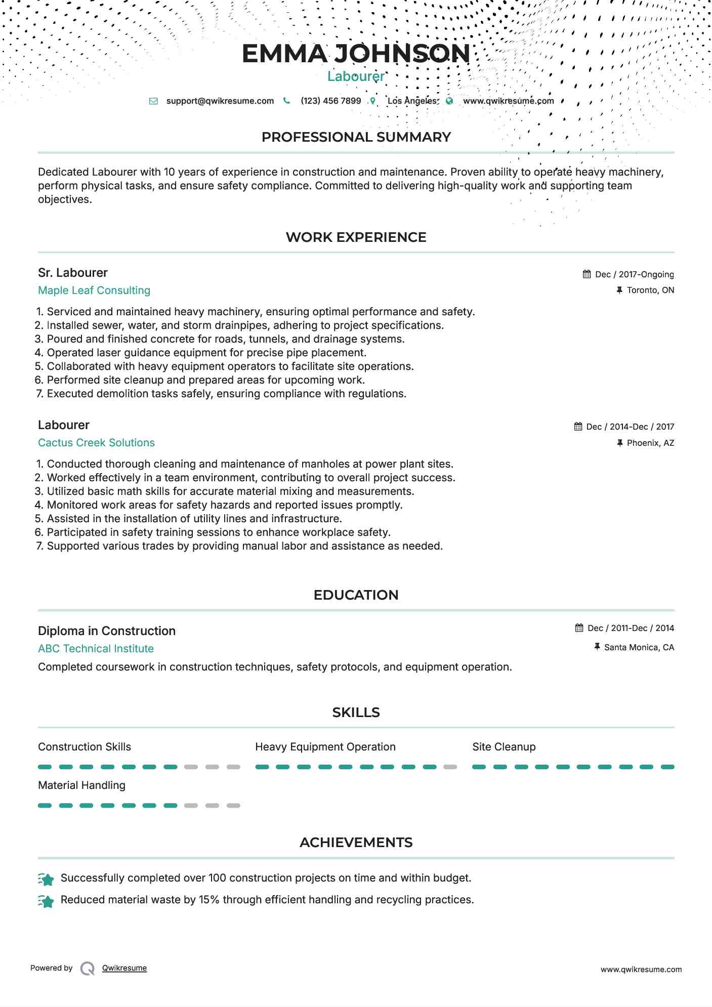 Sr. Labourer Resume Model