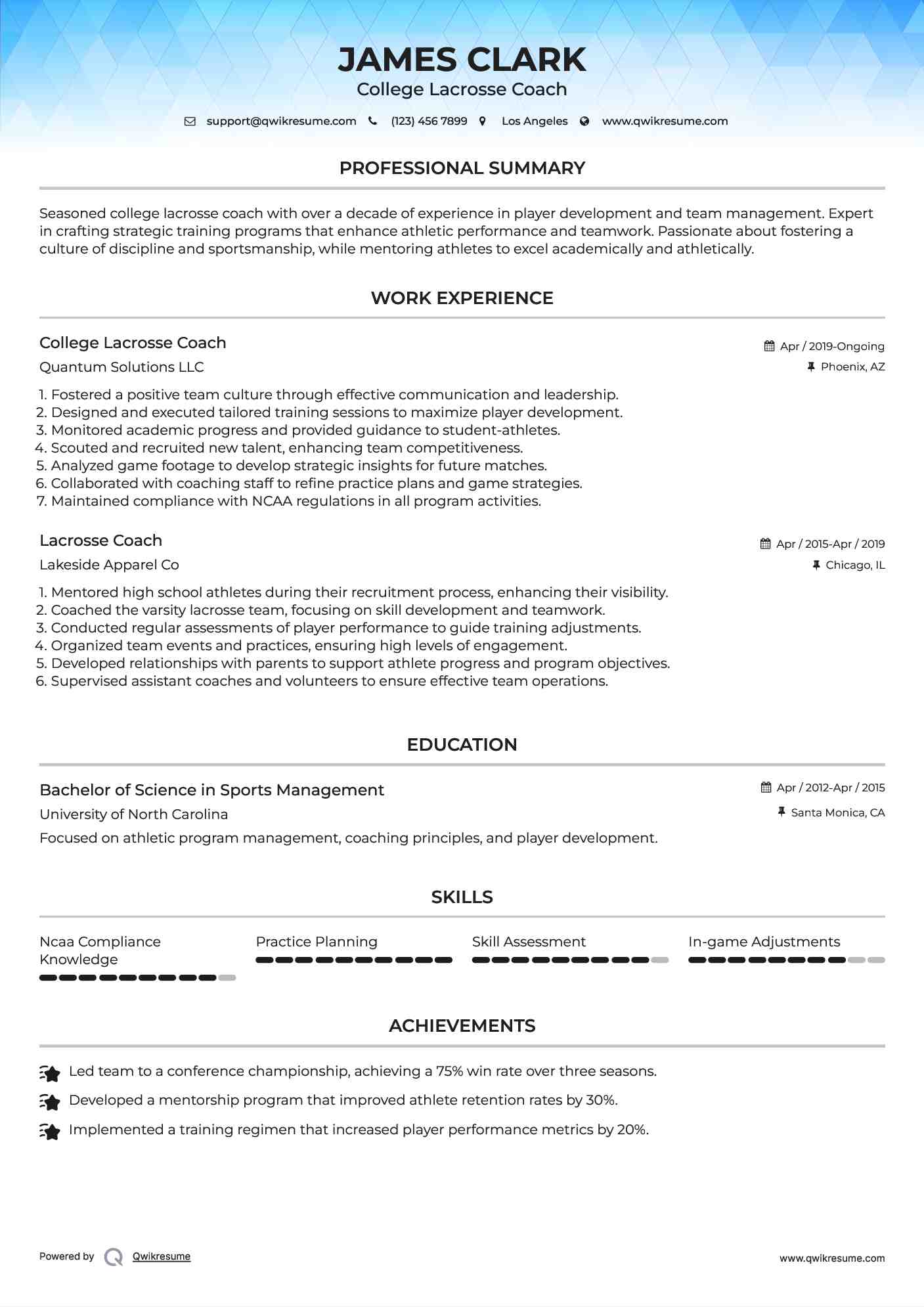 College Lacrosse Coach Resume Model