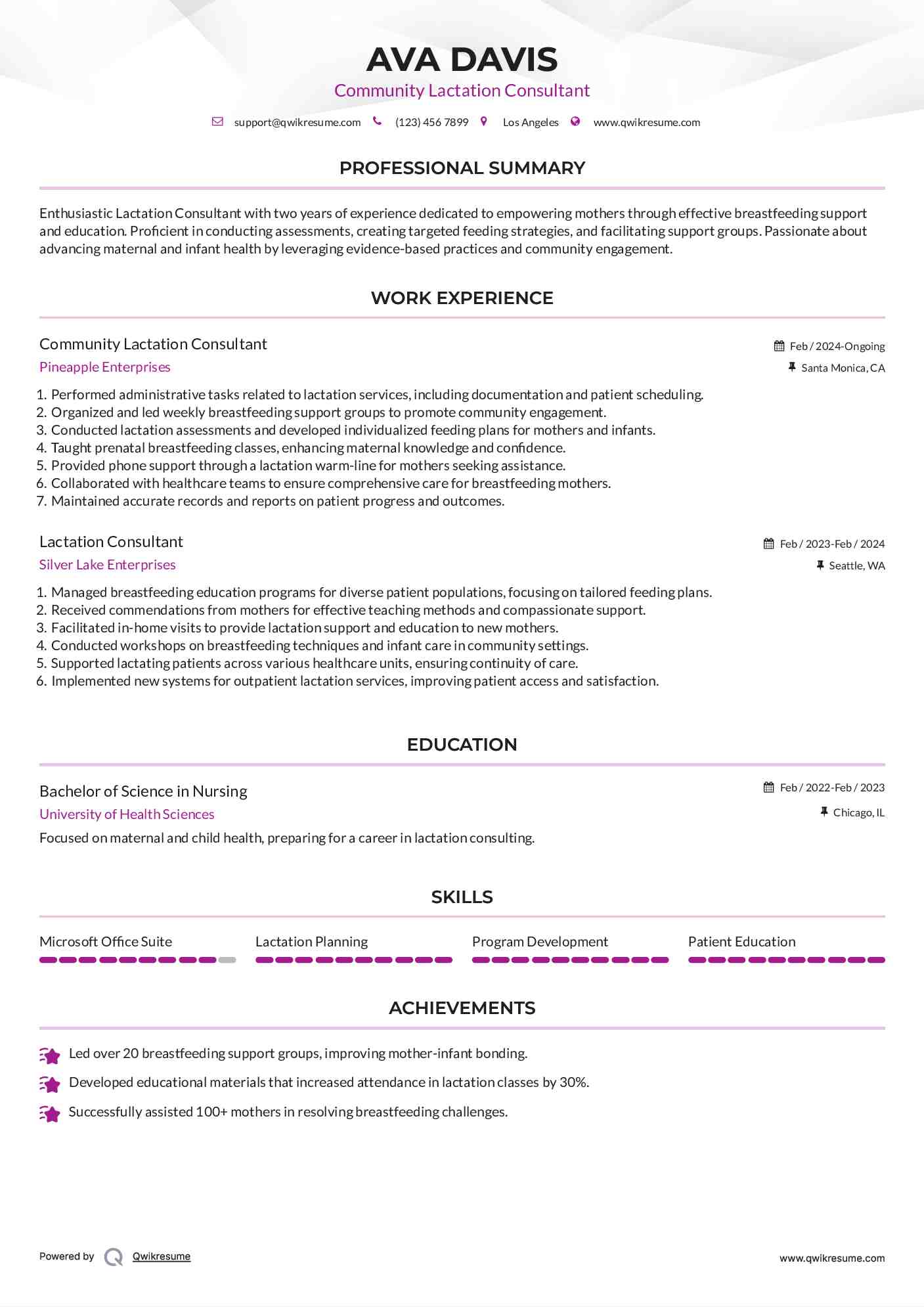 Community Lactation Consultant Resume Sample