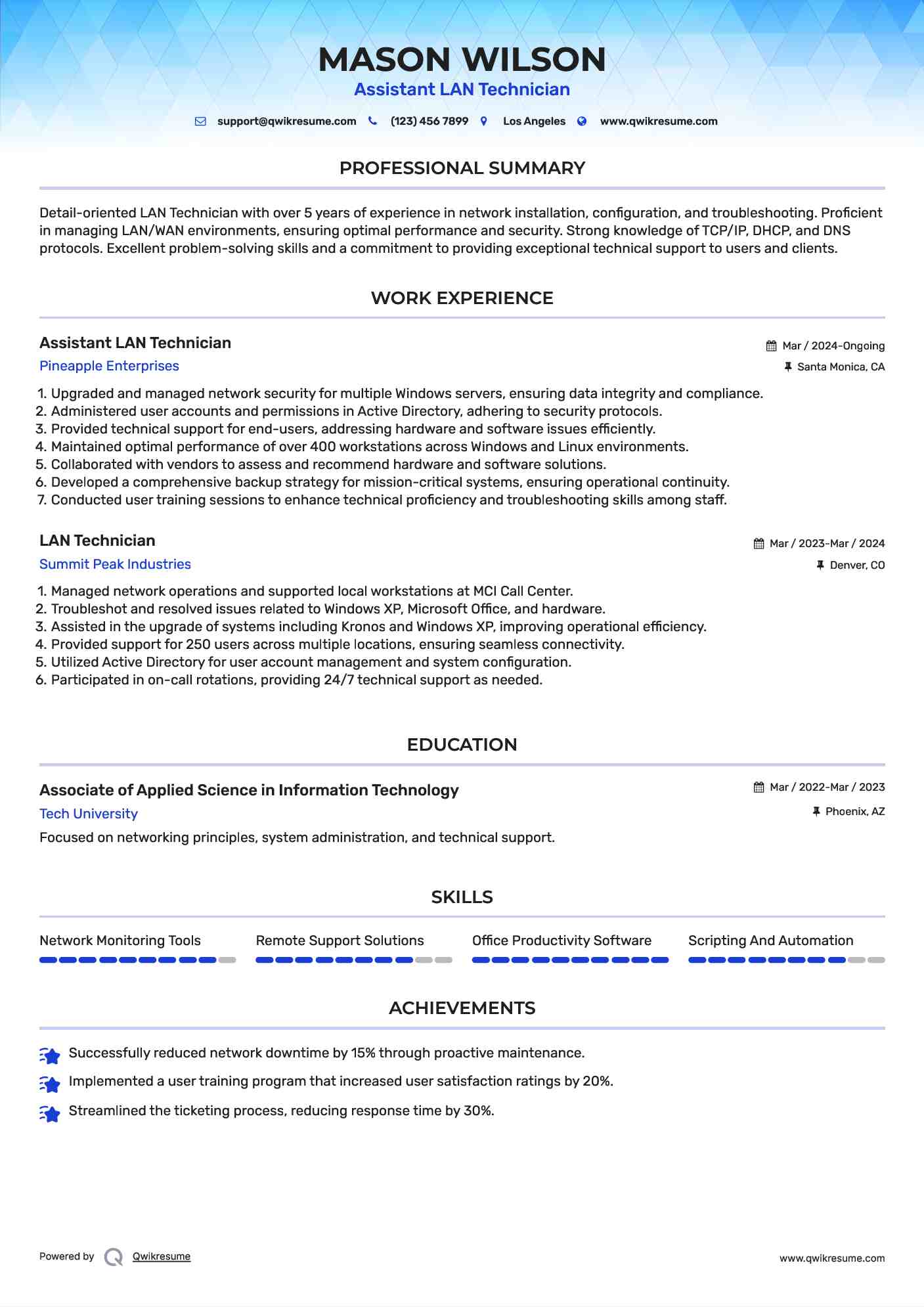 Assistant LAN Technician Resume Model