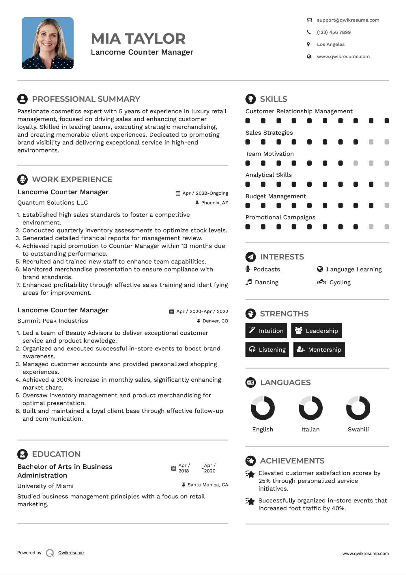 Lancome Counter Manager Resume Sample