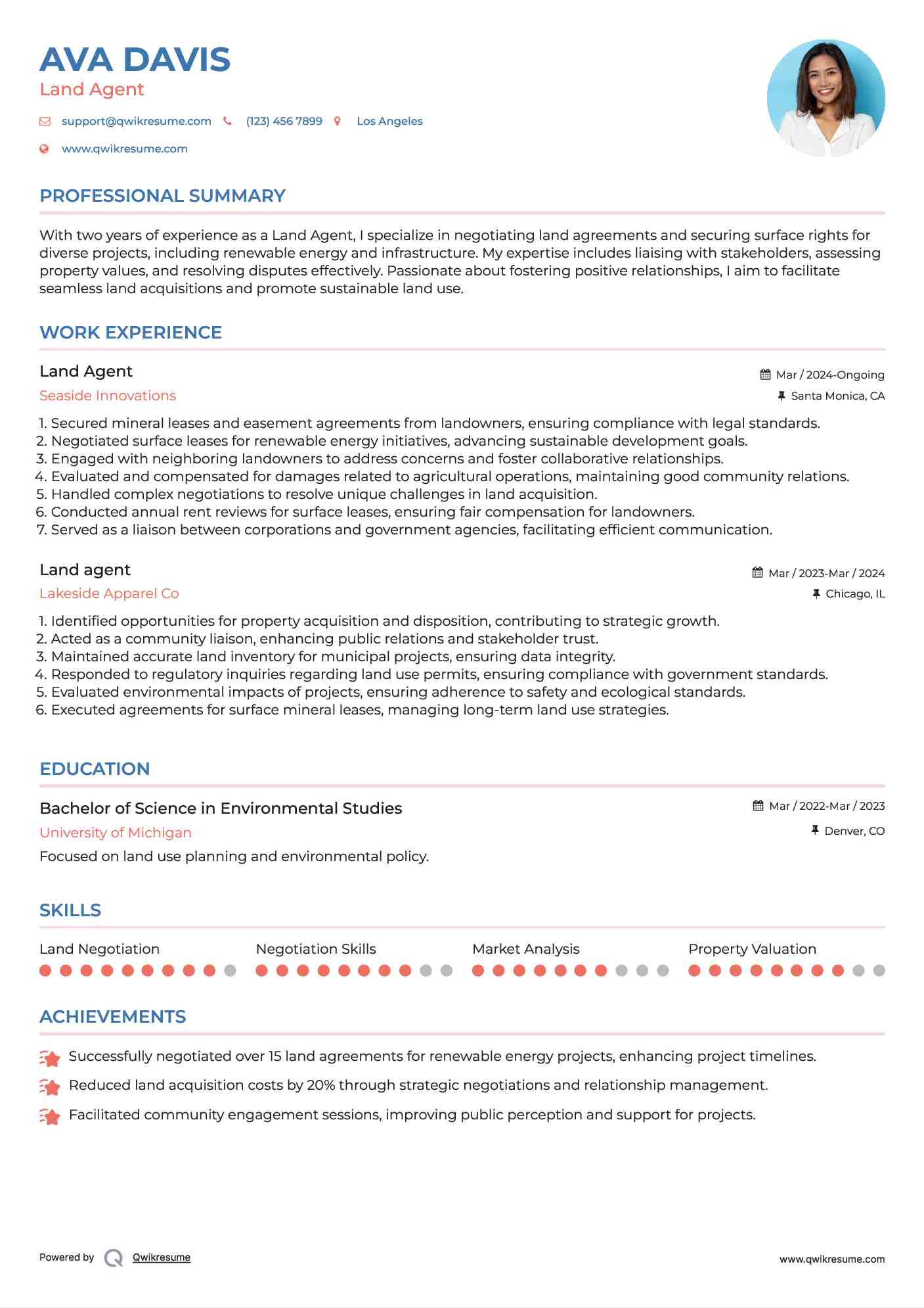 Land Agent Resume Sample