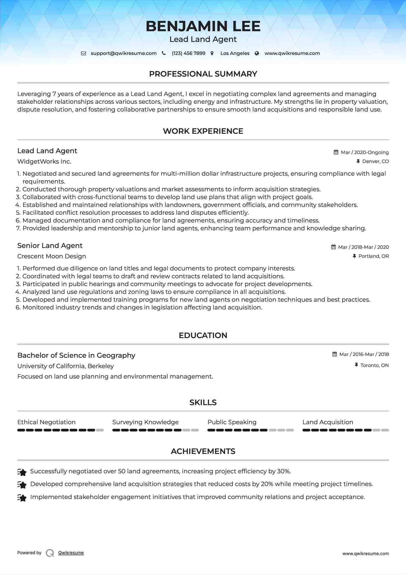 Lead Land Agent Resume Sample