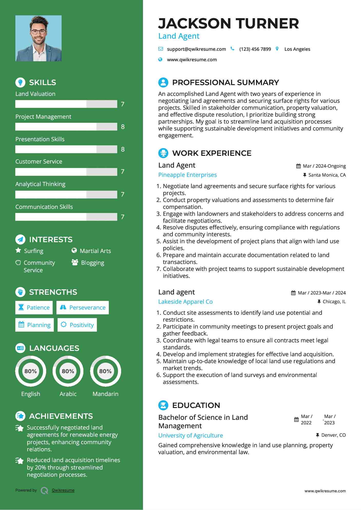 Land Agent Resume Sample