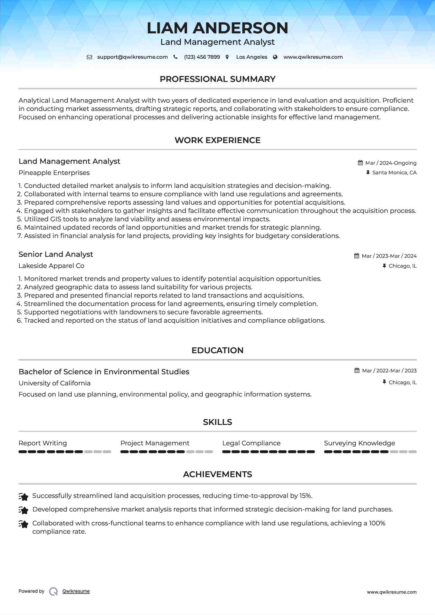 Land Management Analyst Resume Sample