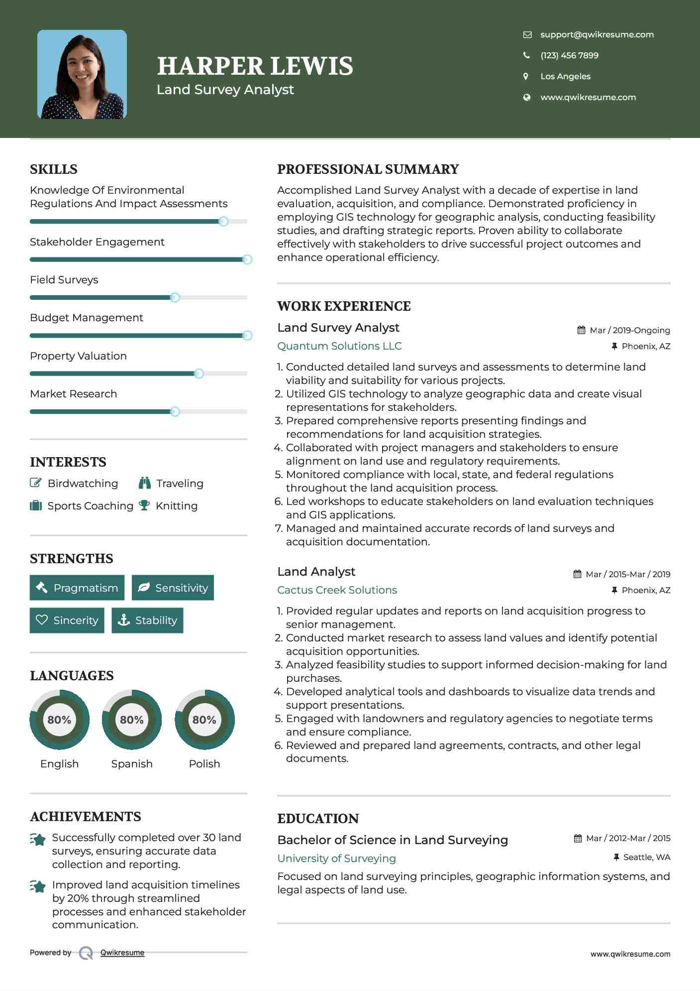 Land Survey Analyst Resume Sample