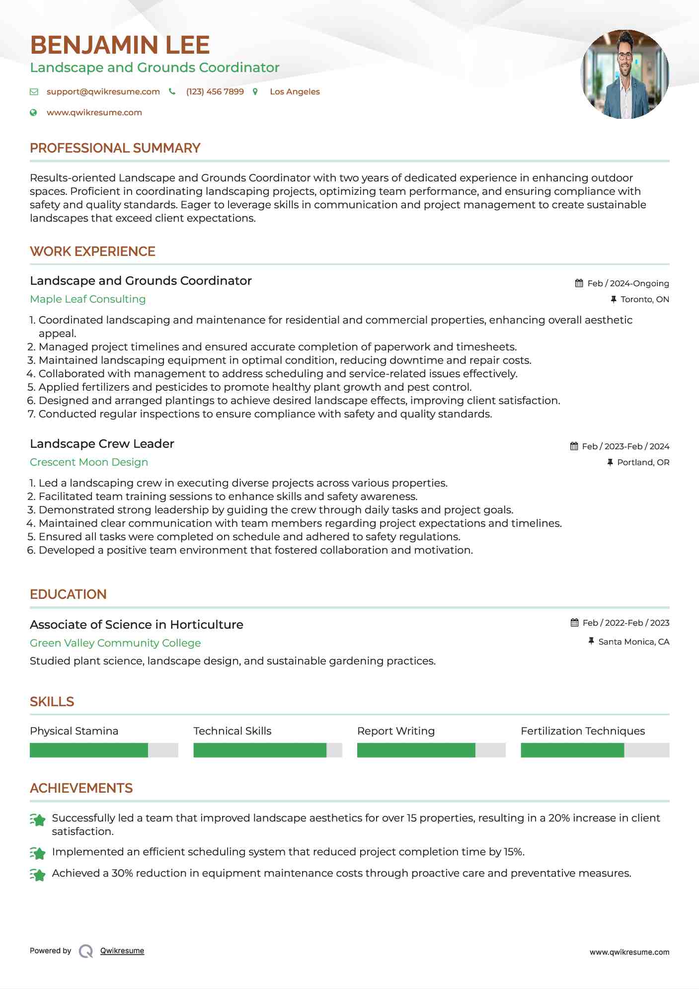 Landscape and Grounds Coordinator Resume Model