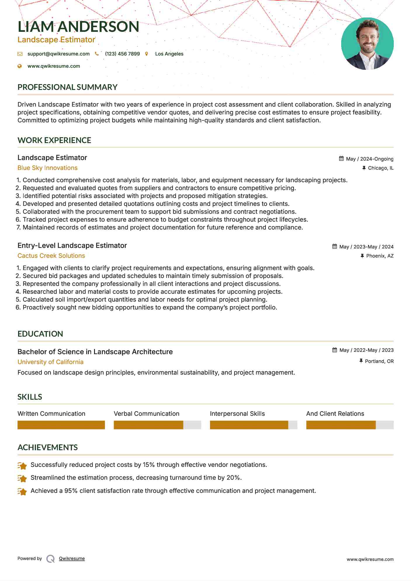 Landscape Estimator Resume Sample