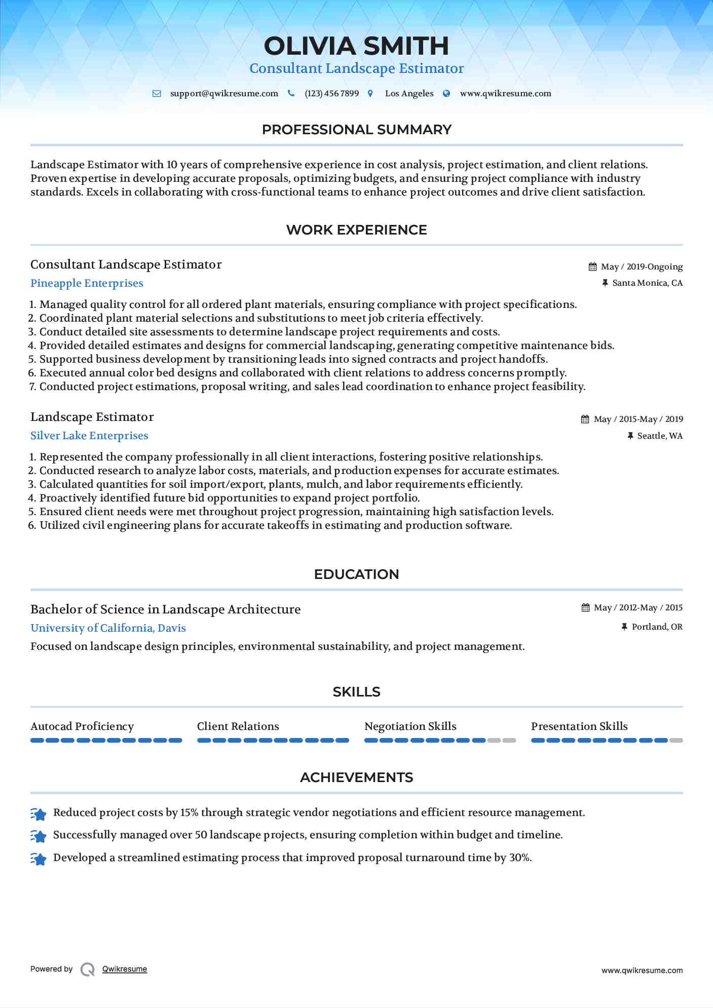 Consultant Landscape Estimator Resume Sample