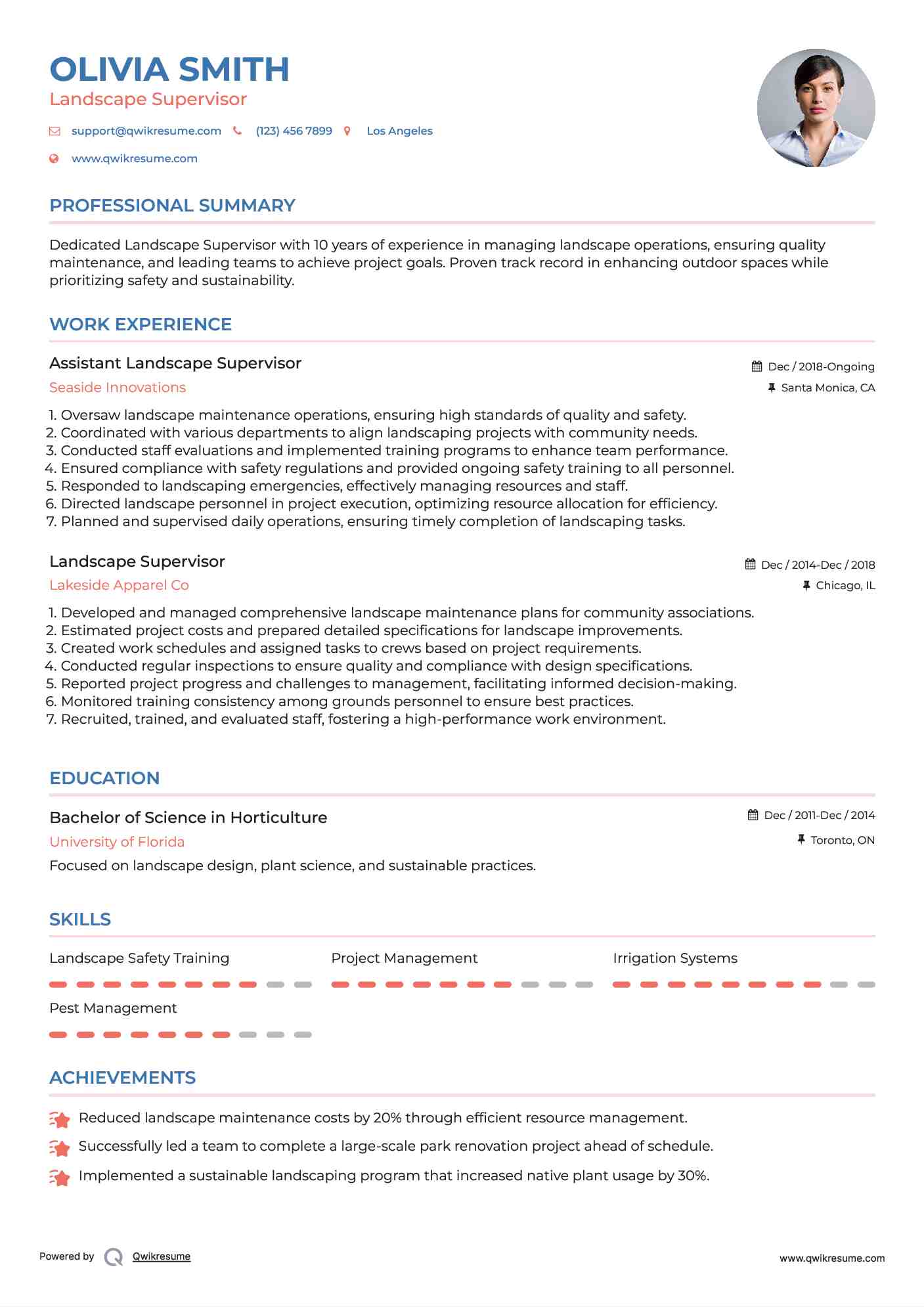Assistant Landscape Supervisor Resume Template