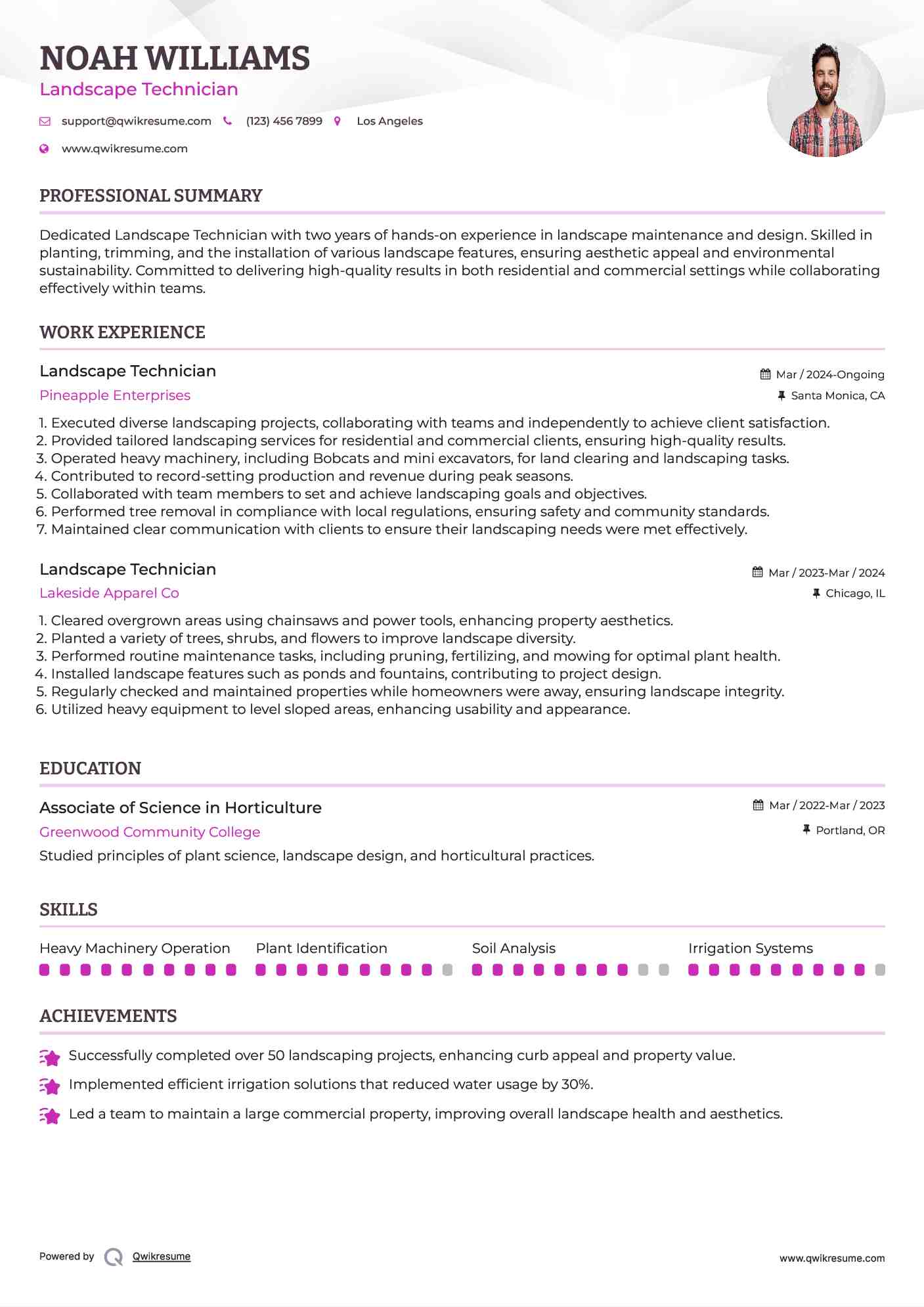 Landscape Technician Resume Example