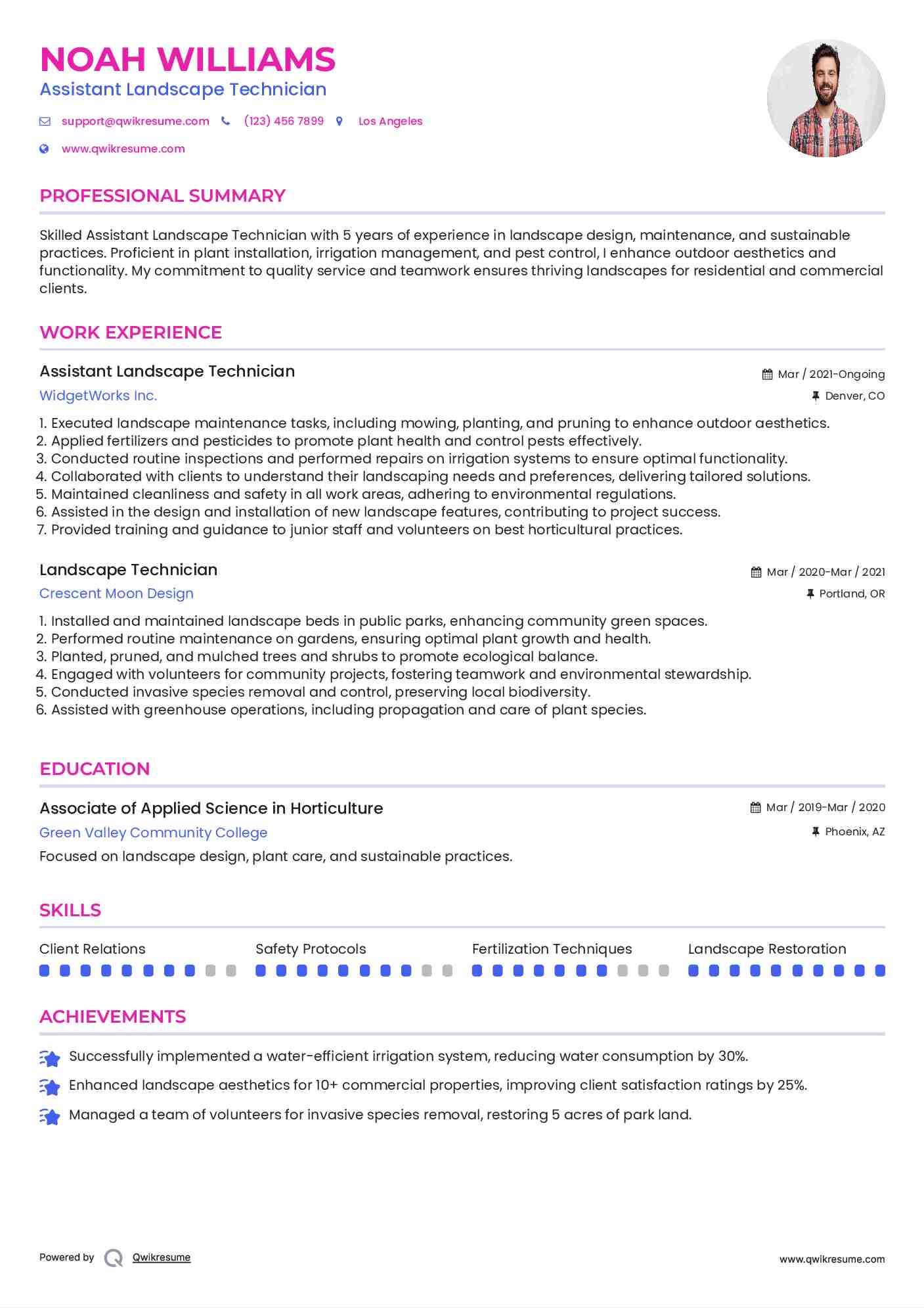 Assistant  Landscape Technician  Resume Example