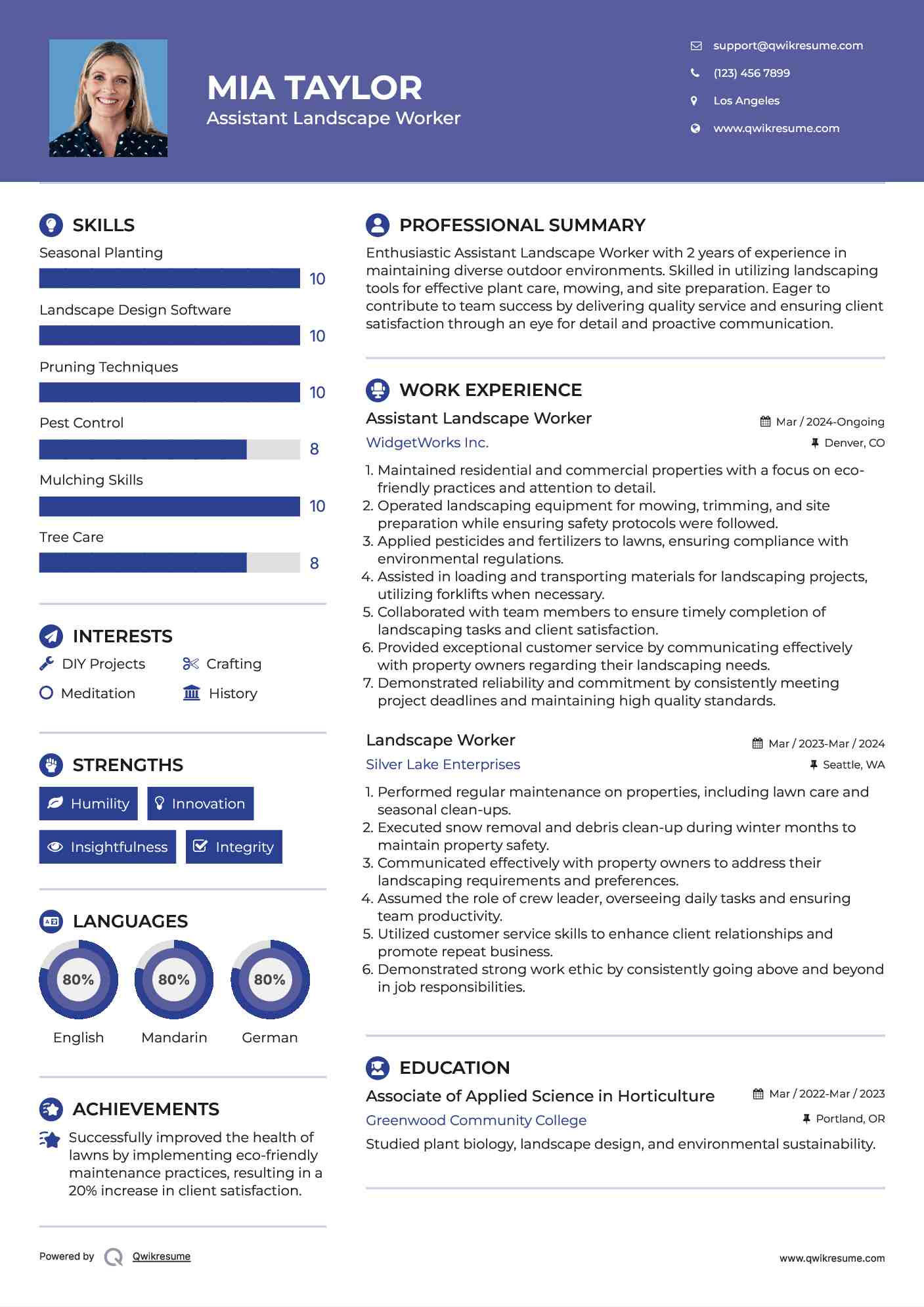 Assistant Landscape Worker Resume Example