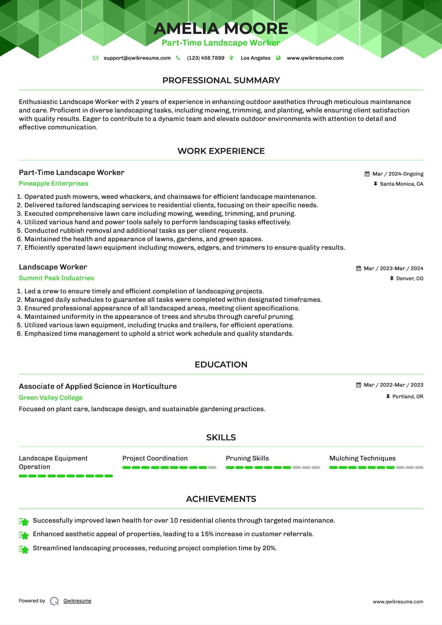 Part-Time Landscape Worker Resume Format
