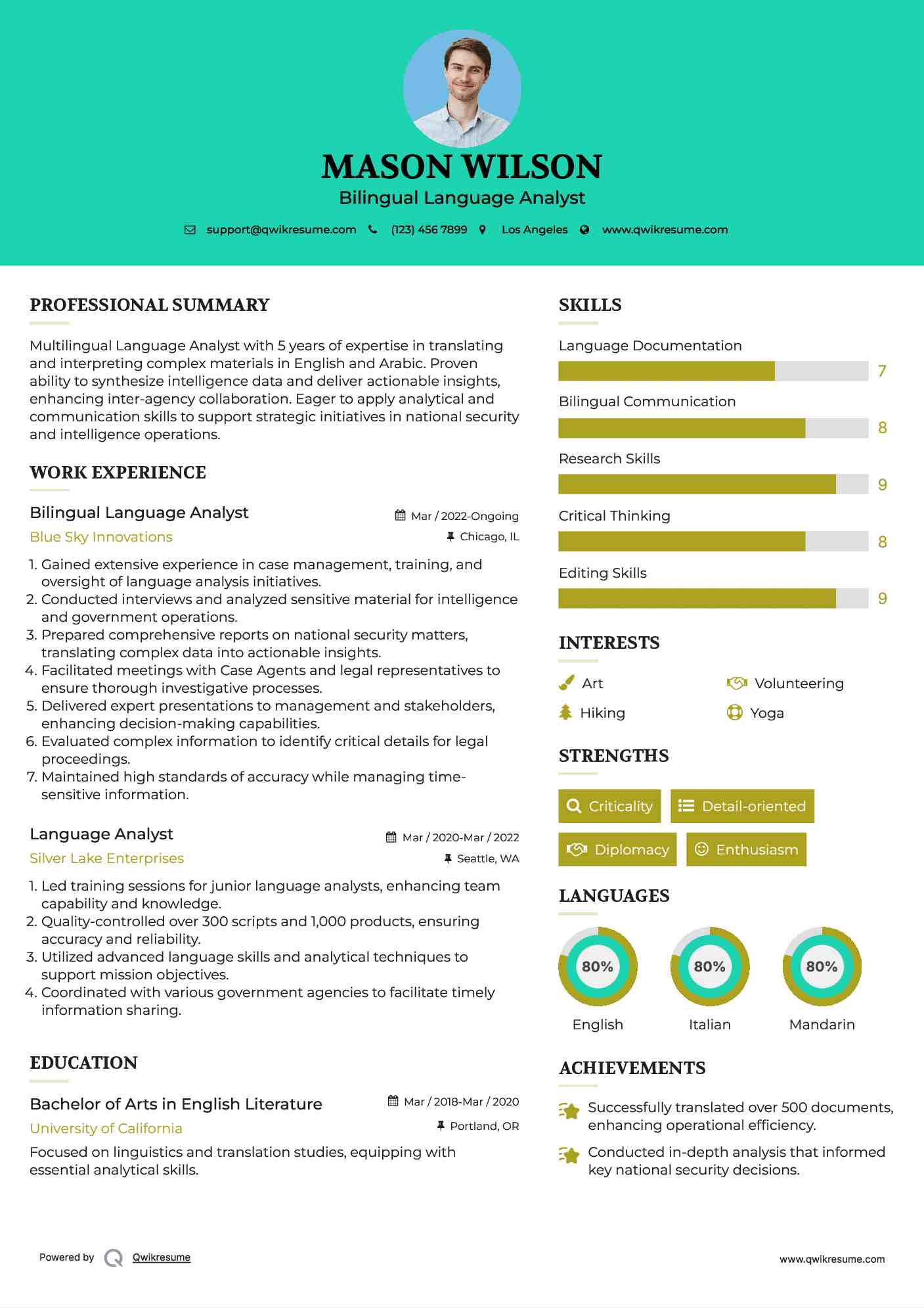 Bilingual Language Analyst Resume Template