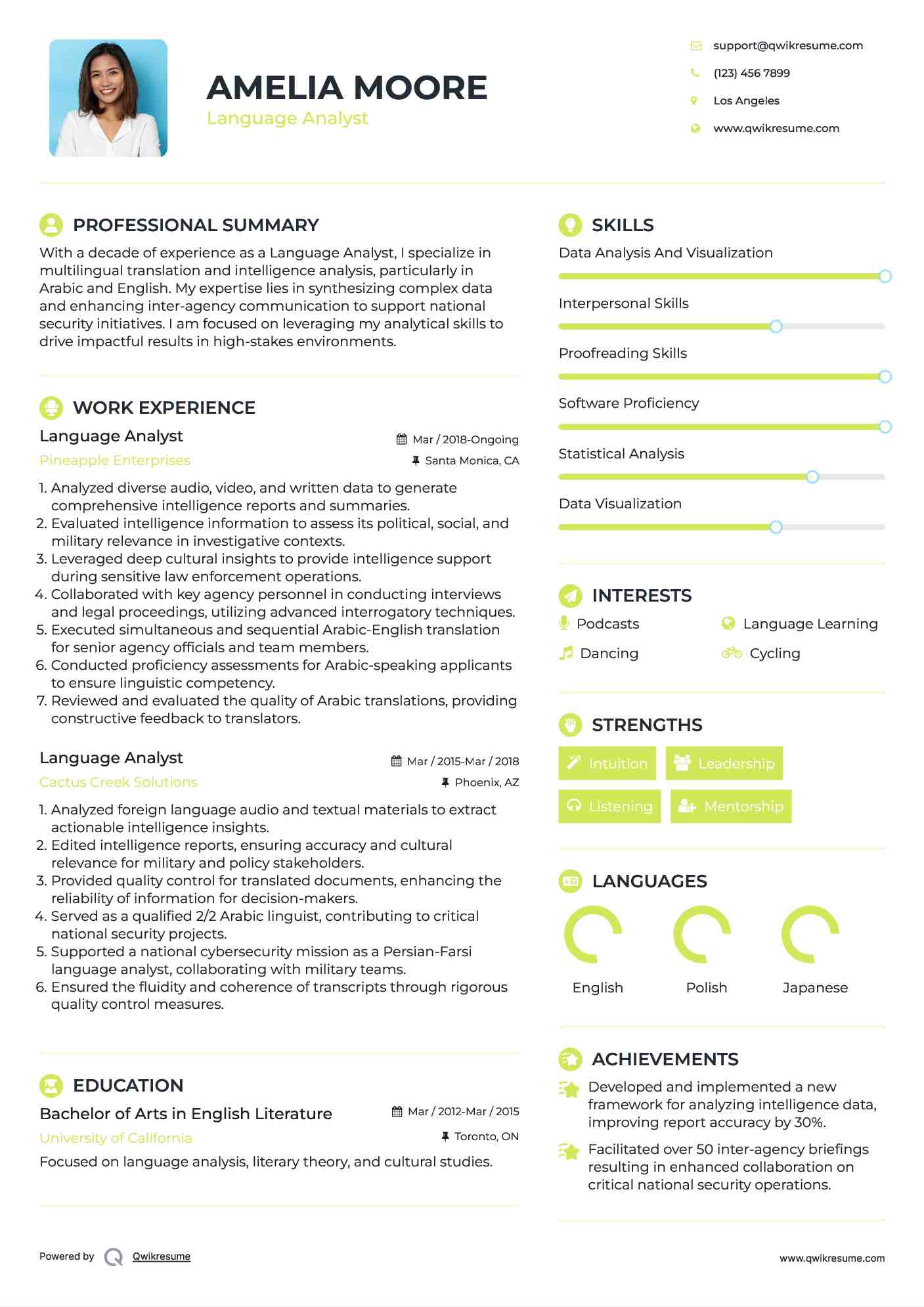 Language Analyst Resume Model