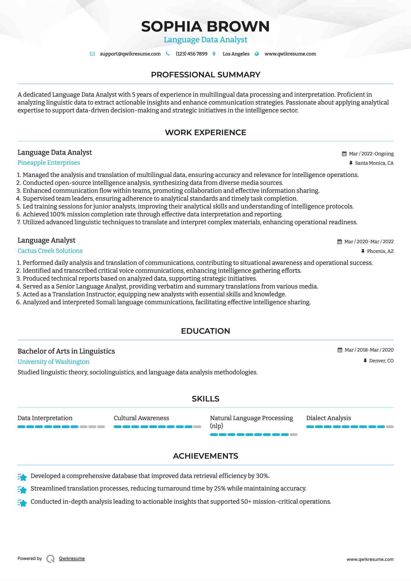 Language Data Analyst Resume Model