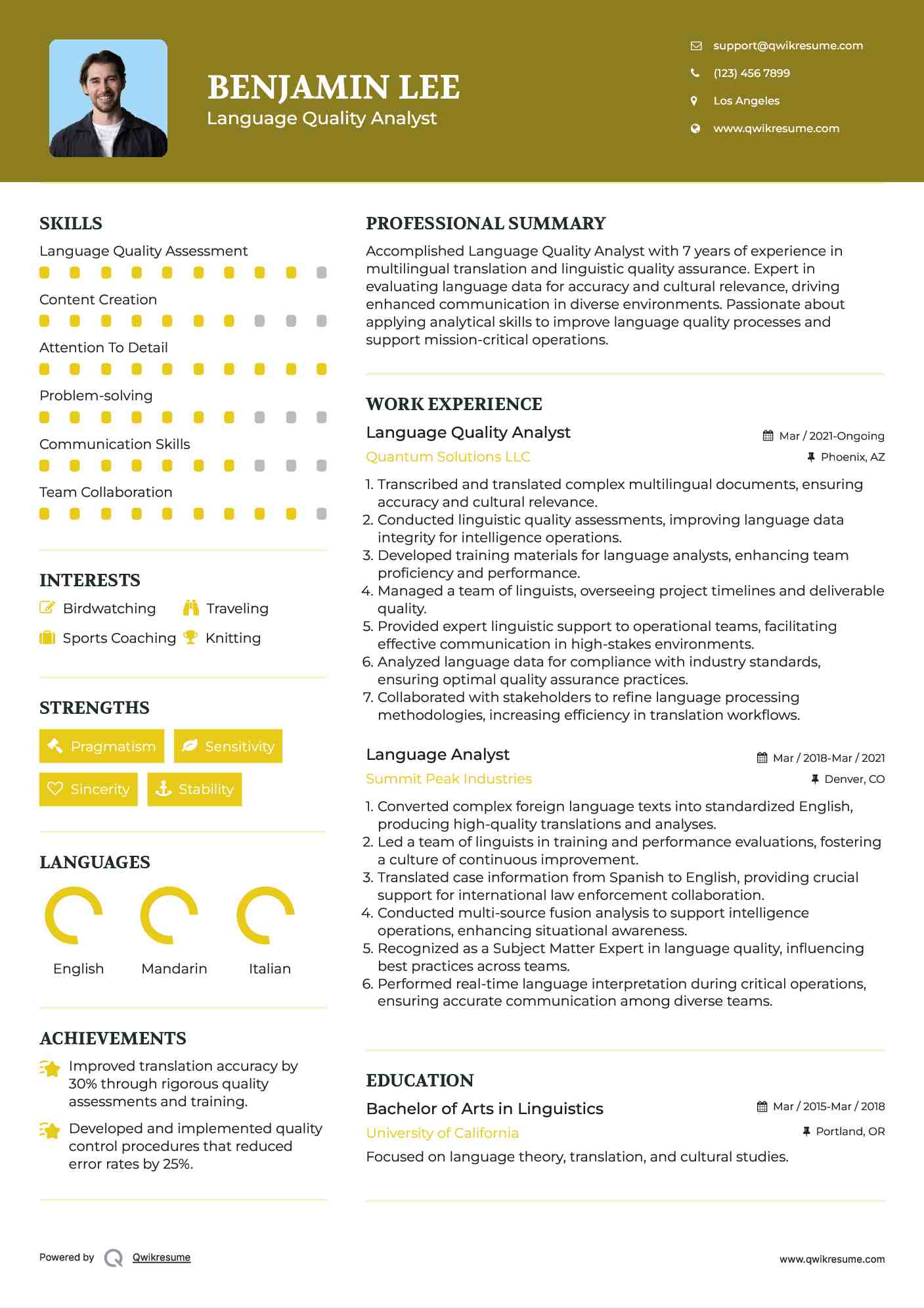 Language Quality Analyst Resume Template