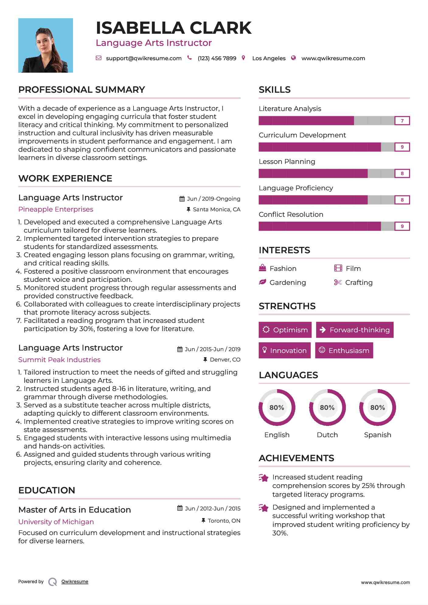 Language Arts Instructor Resume Example