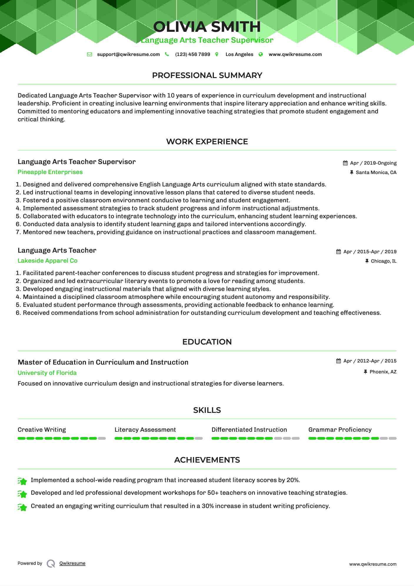 Language Arts Teacher Supervisor Resume Example