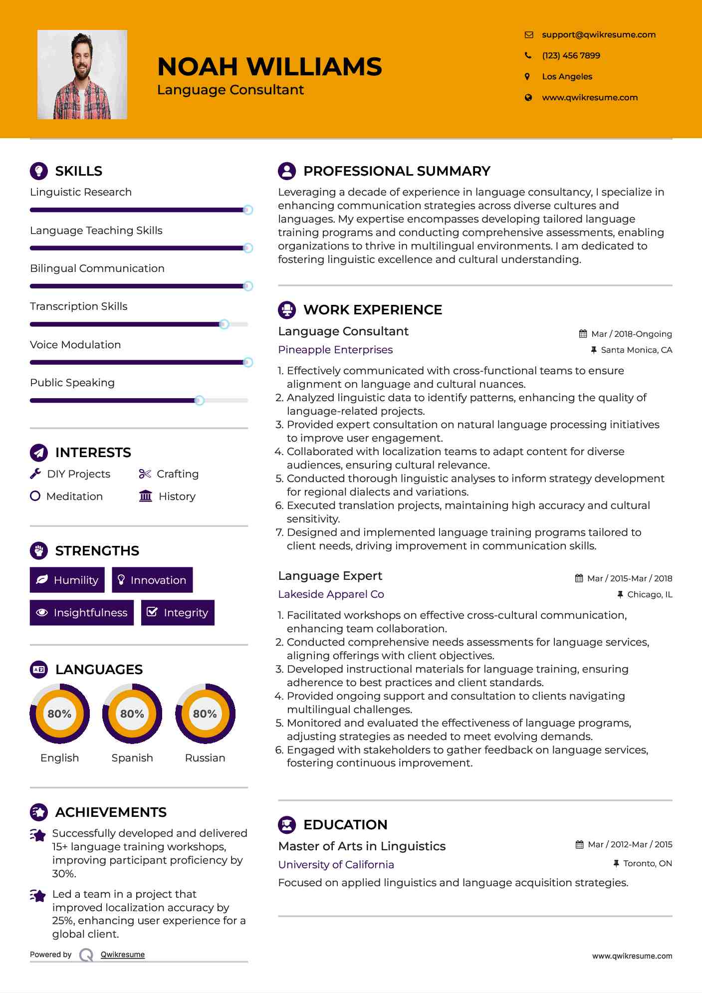 Language Consultant Resume Sample