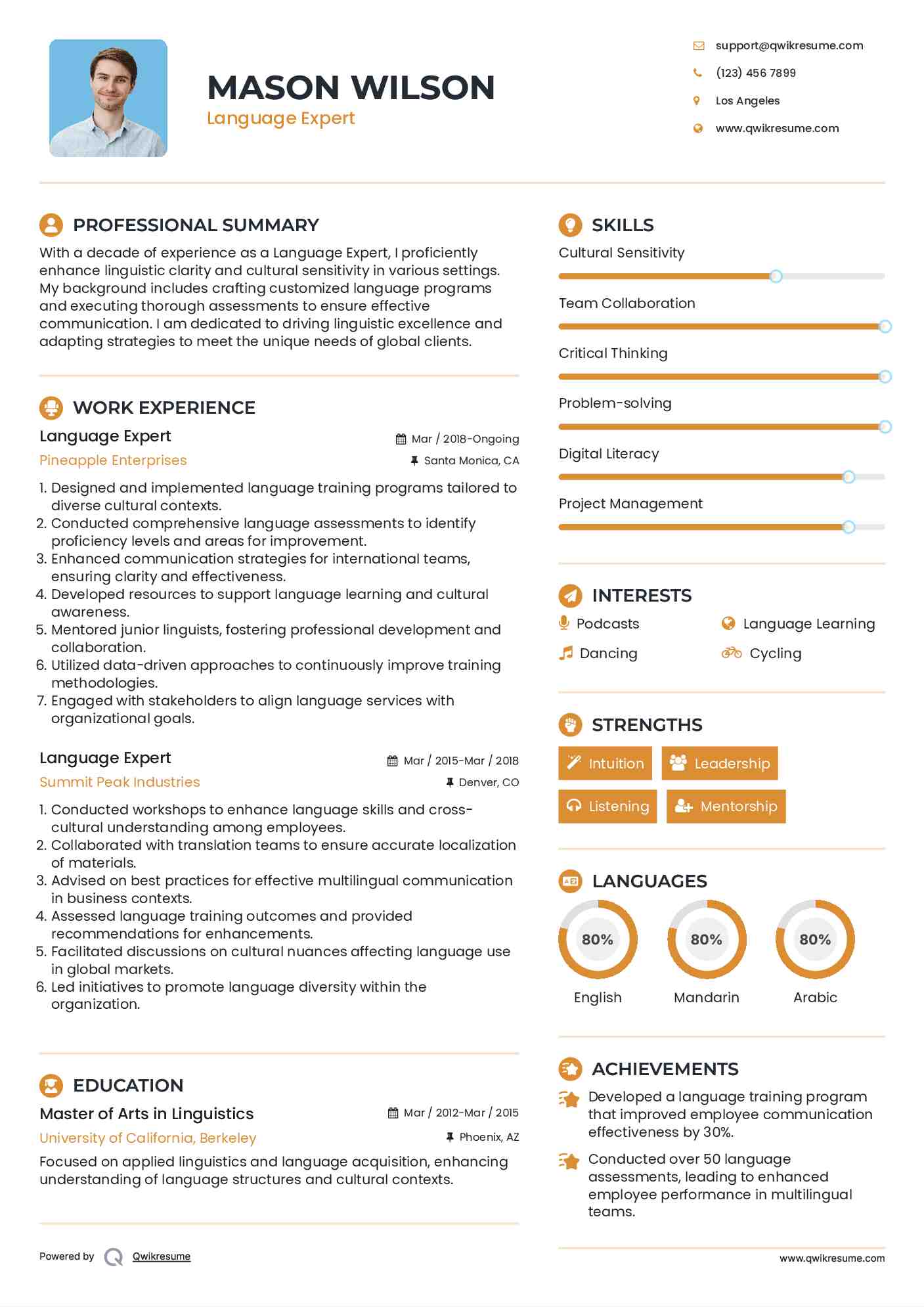 Language Expert Resume Example