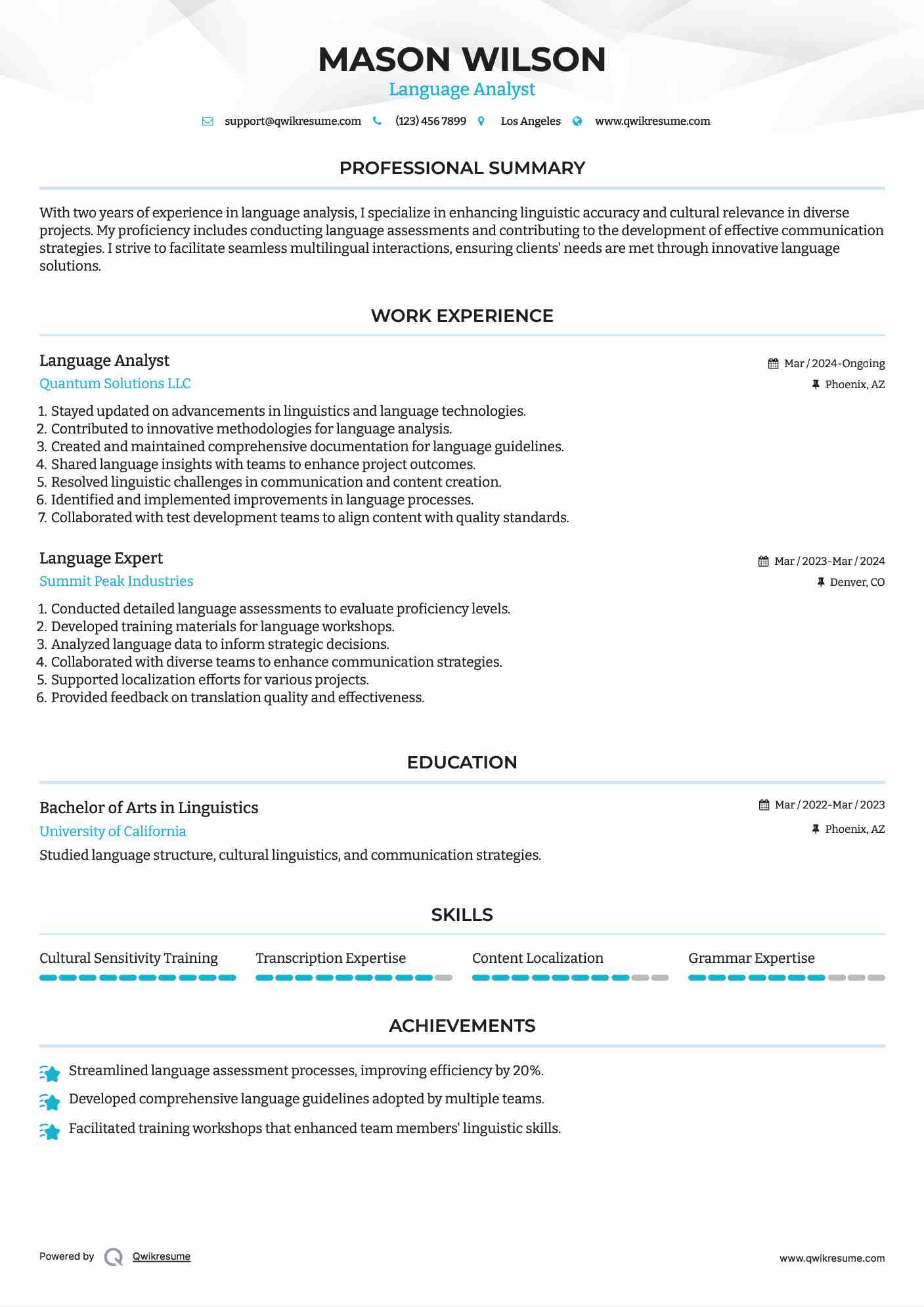 Language Analyst Resume Template