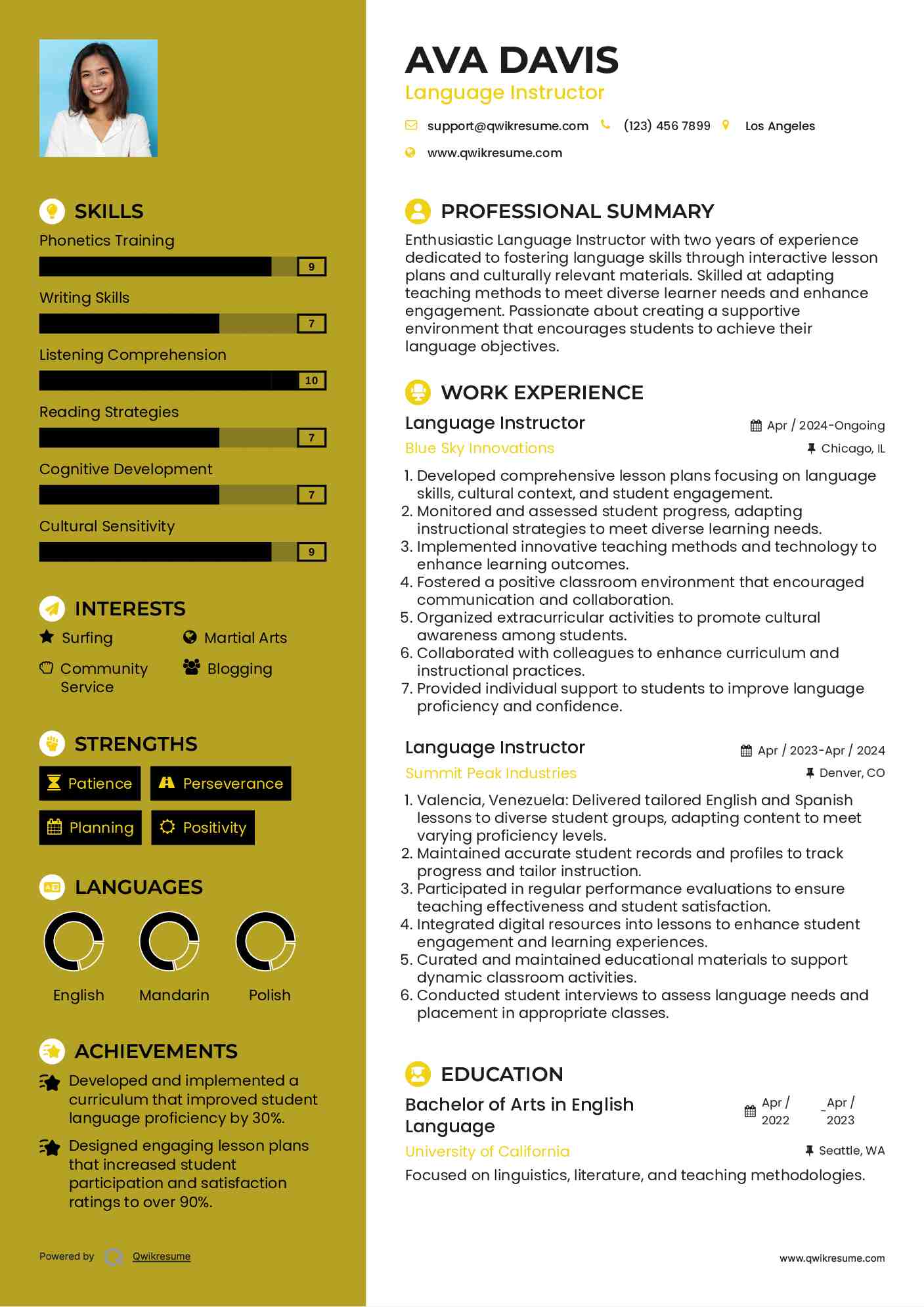 Language Instructor Resume Sample