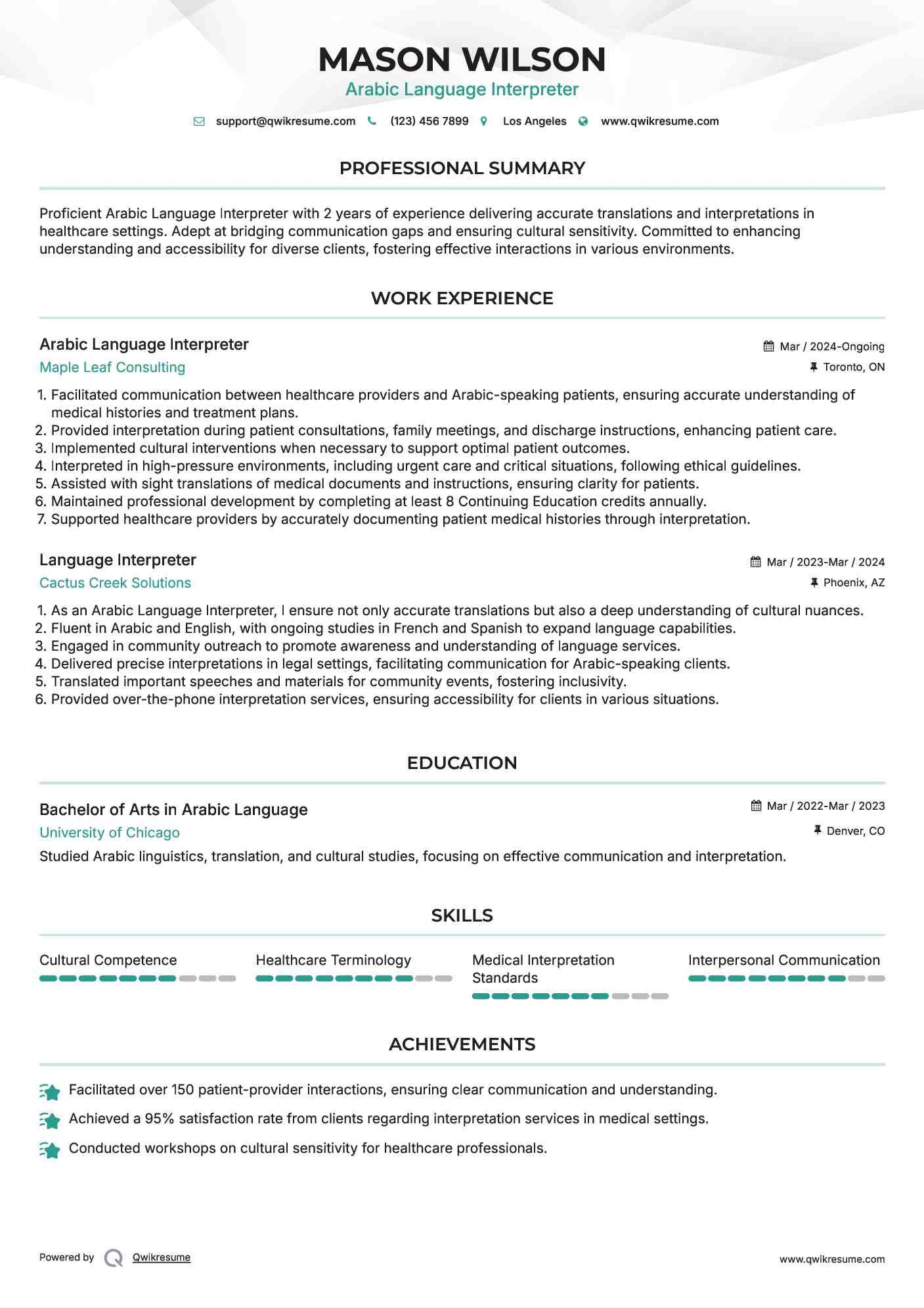 Arabic Language Interpreter
 Resume Template