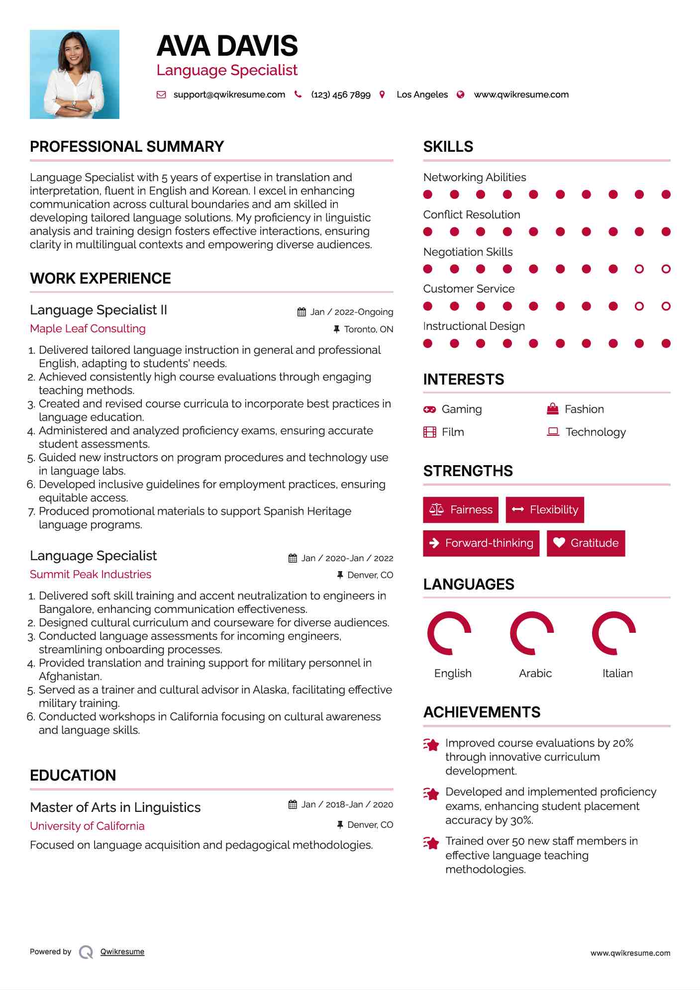 Language Specialist Resume Samples QwikResume