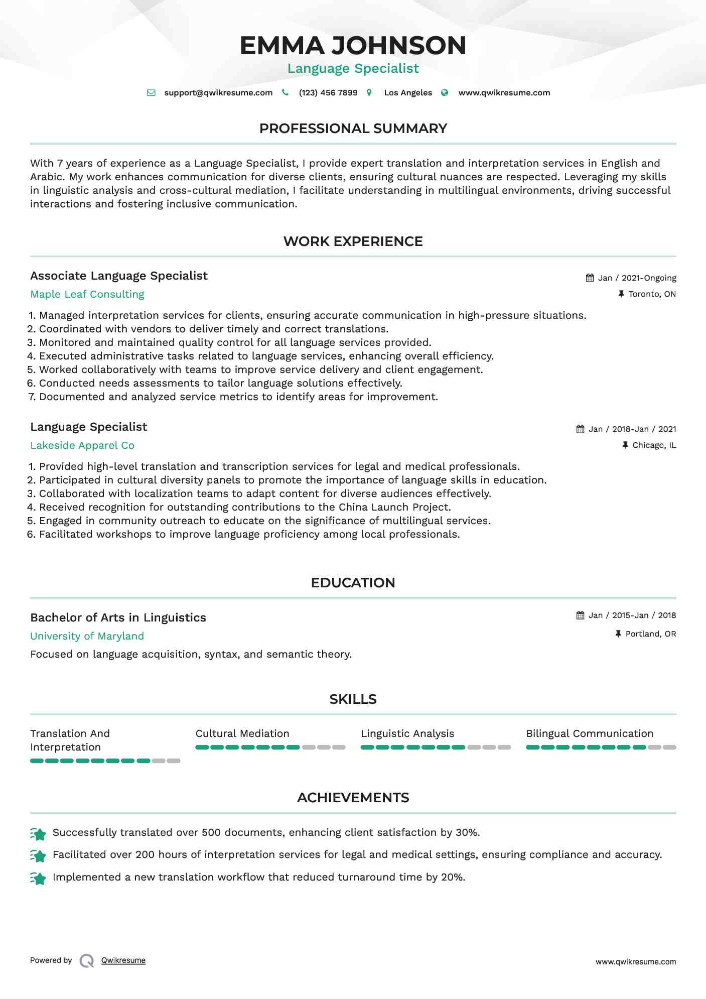 Associate  Language Specialist Resume Template