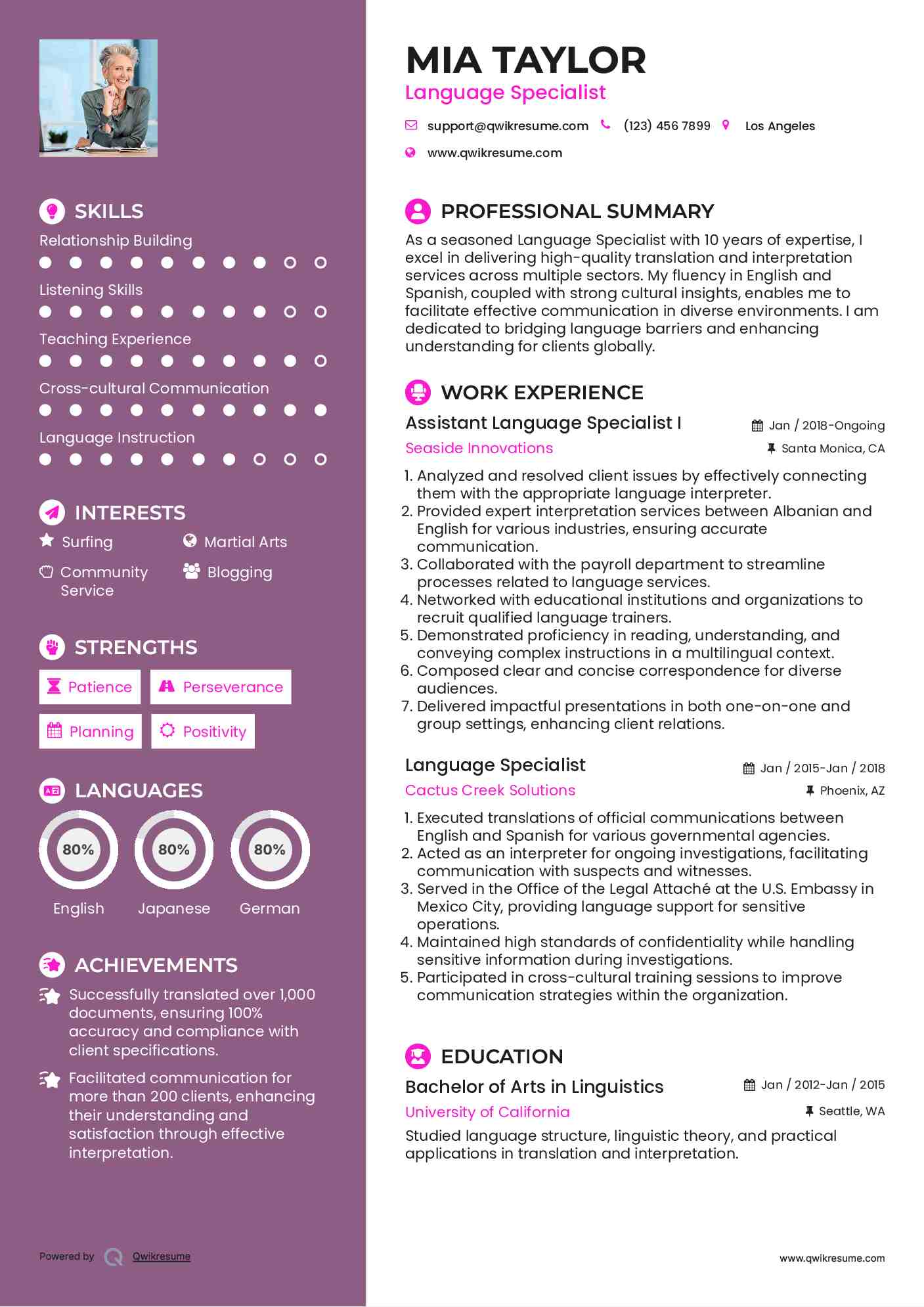 Language Specialist Resume Samples QwikResume