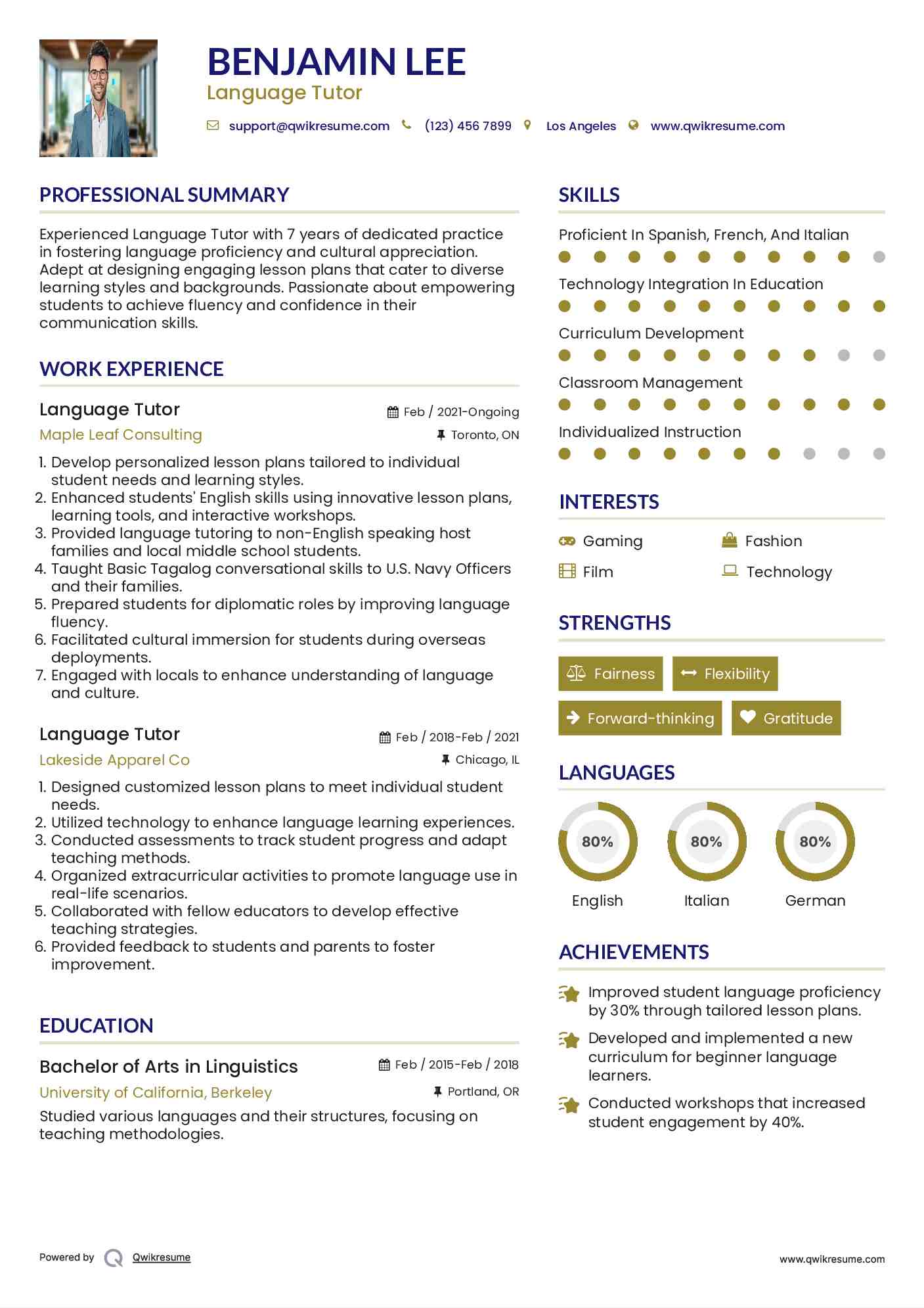 Language Tutor Resume Example