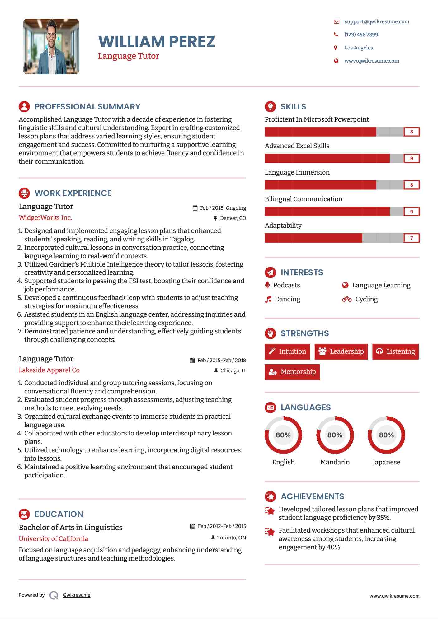 Language Tutor Resume Sample