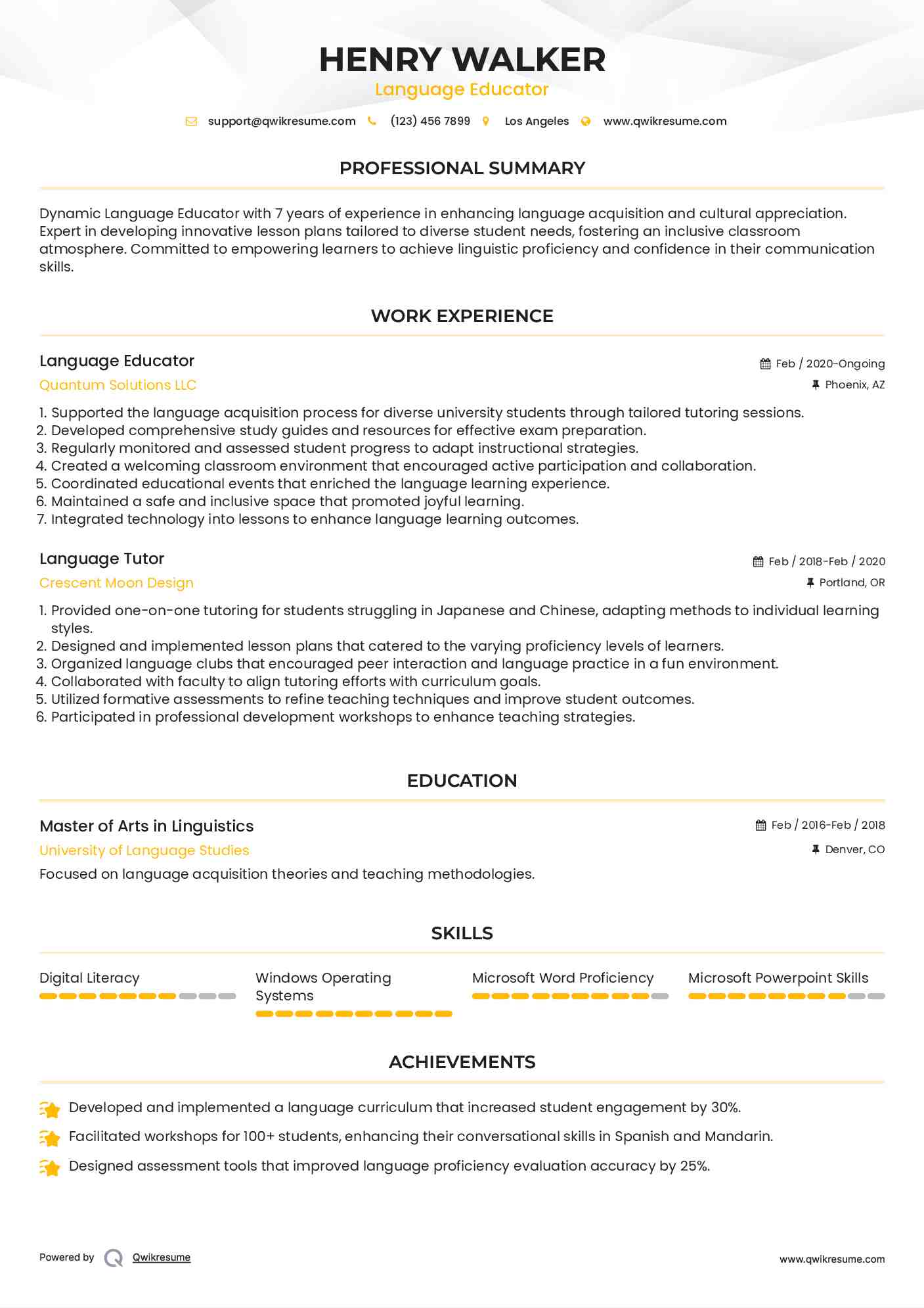Language Educator Resume Example