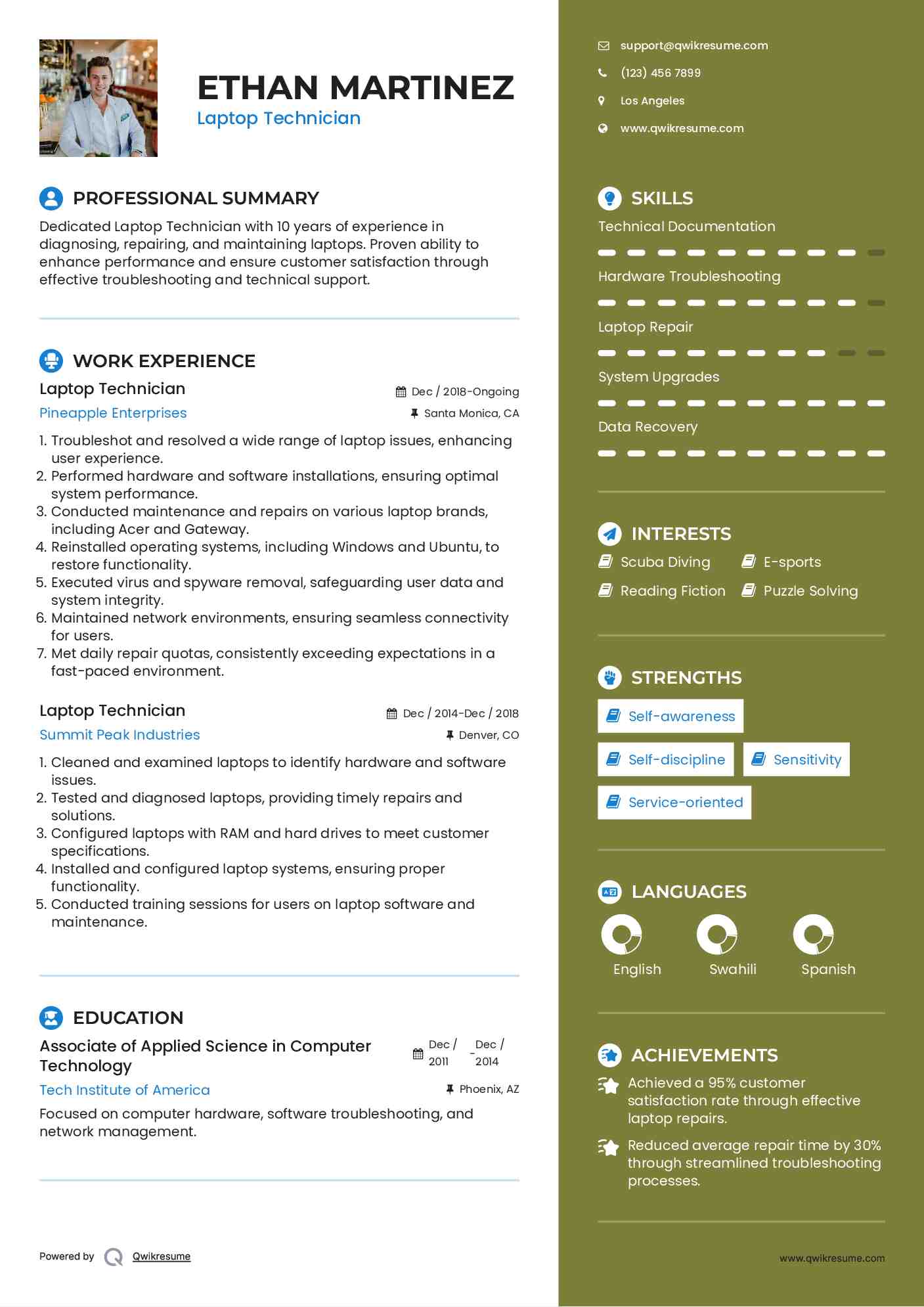 Laptop Technician Resume Sample