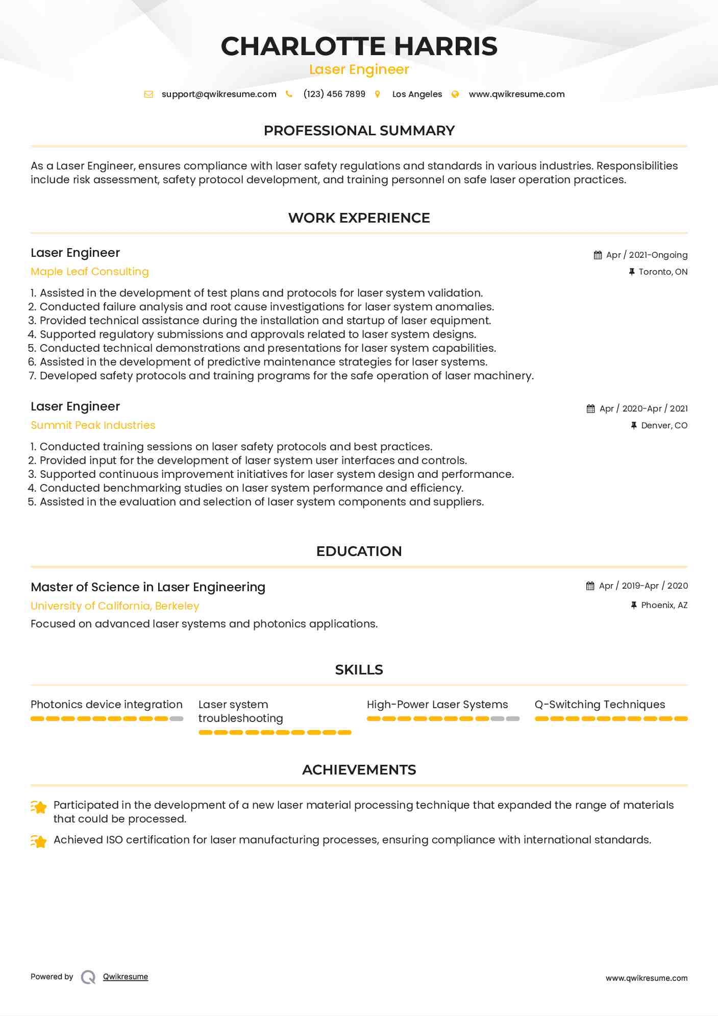 Laser Engineer Resume Model