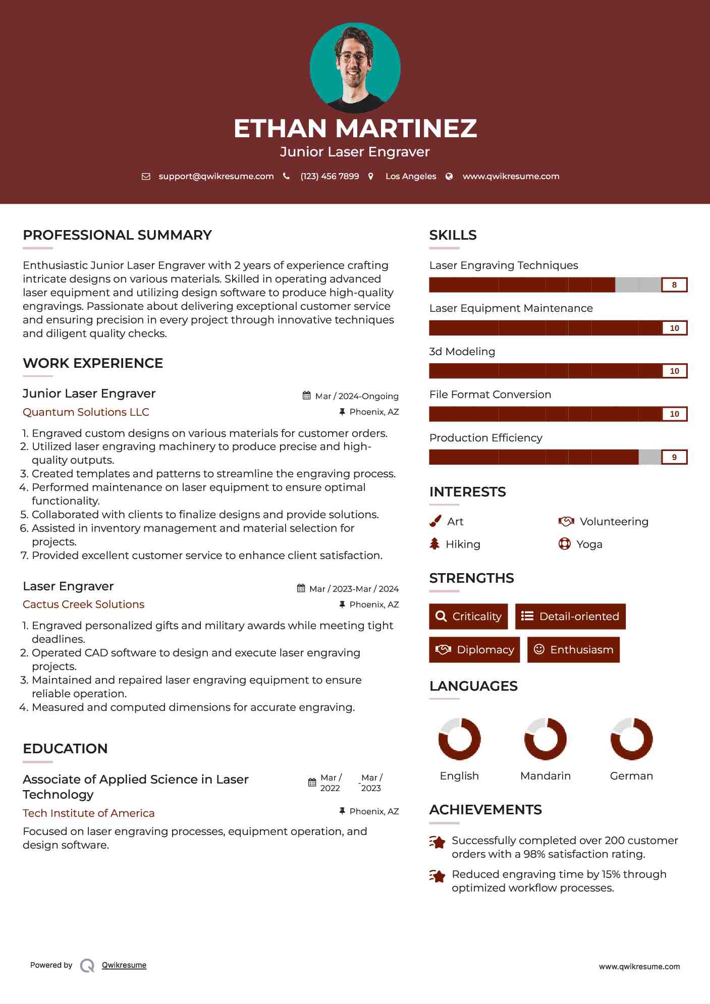 Laser Engraver Resume Samples QwikResume