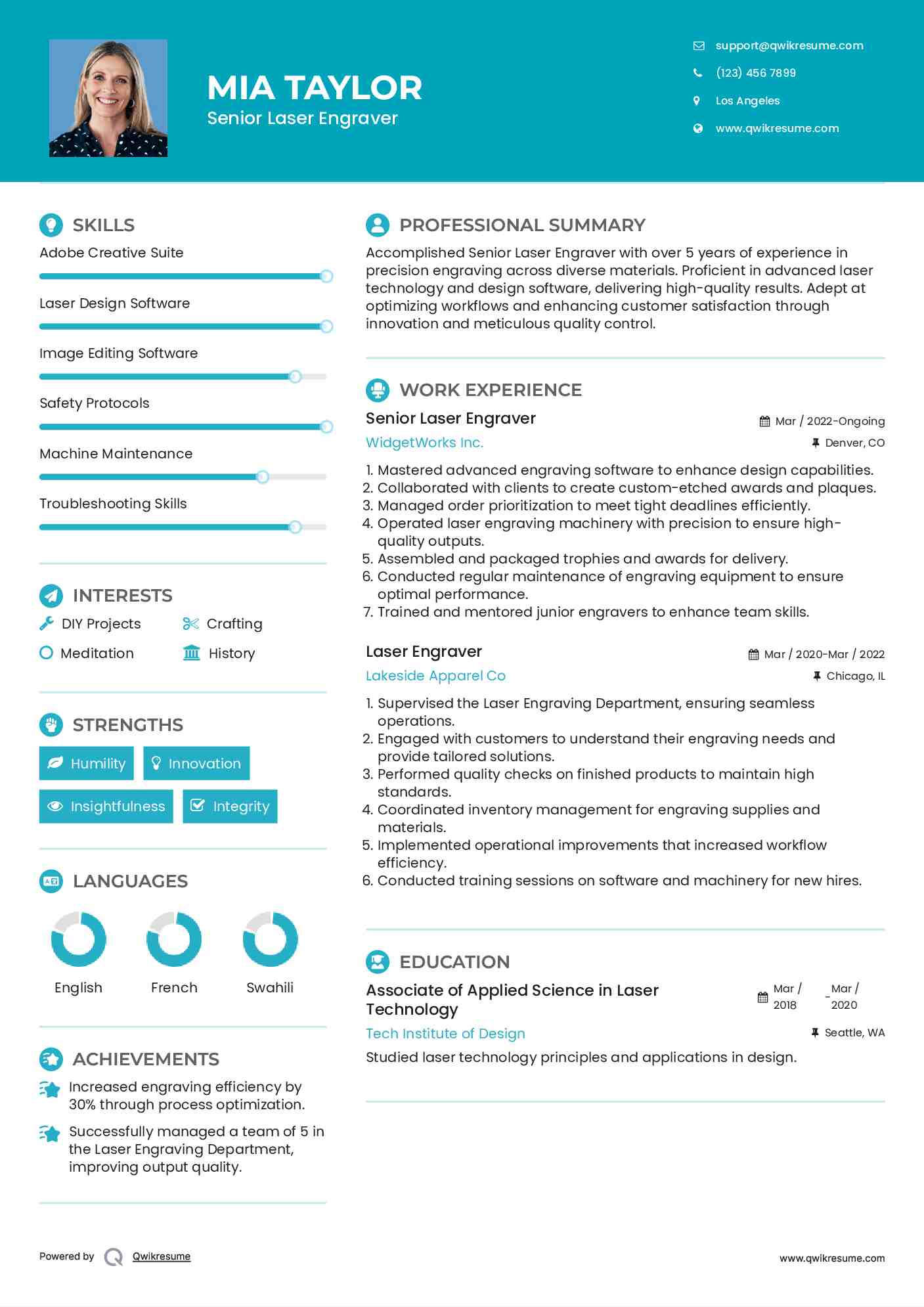 Senior Laser Engraver Resume Sample