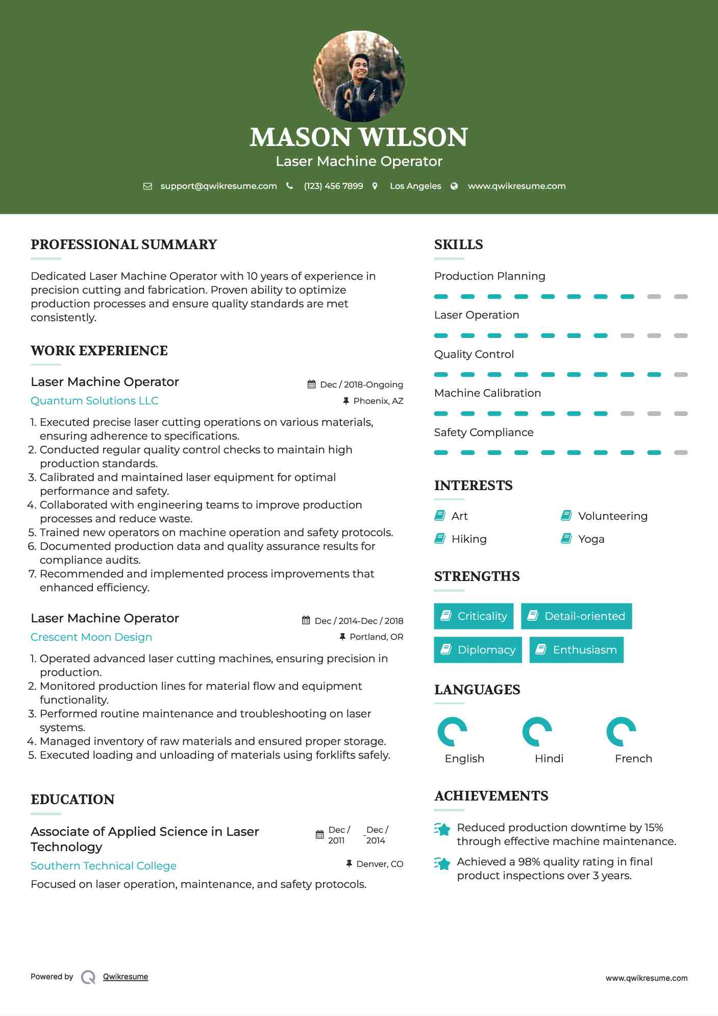 Laser Machine Operator Resume Model