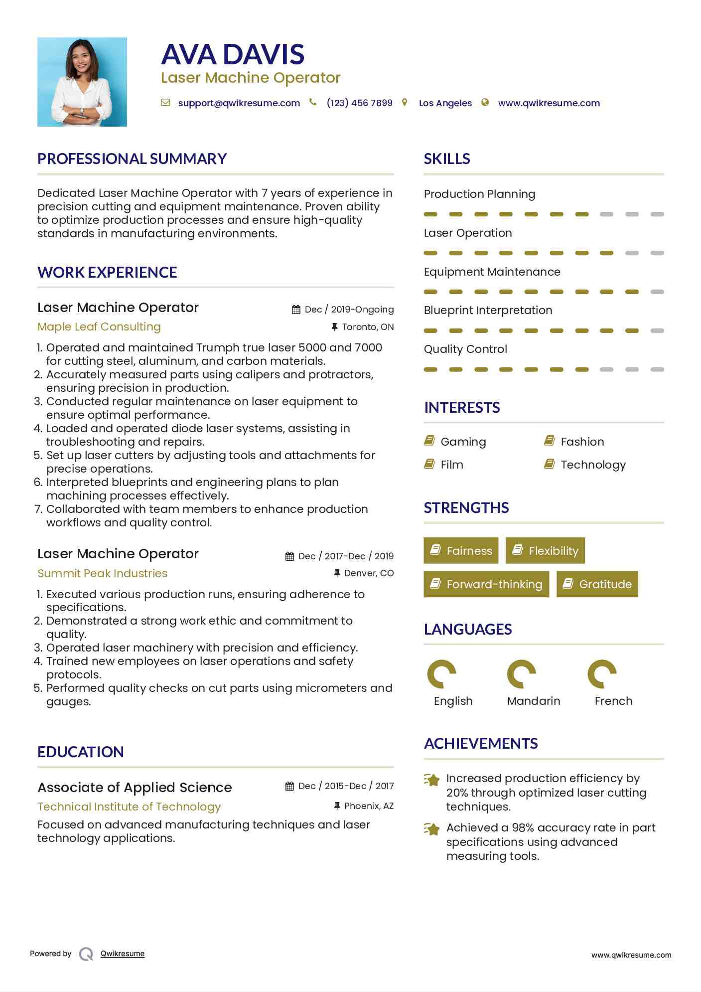 Laser Machine Operator Resume Example