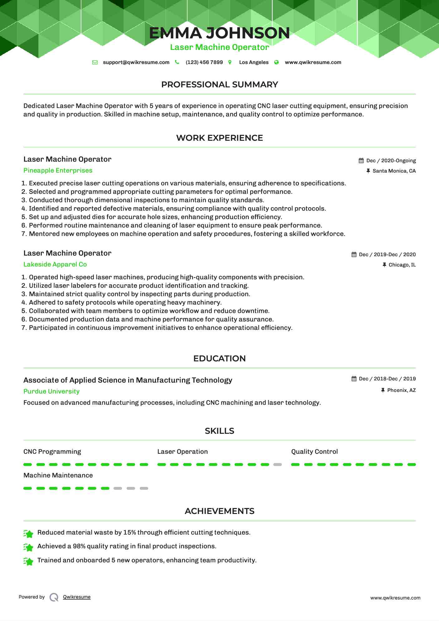 Laser Machine Operator Resume Format