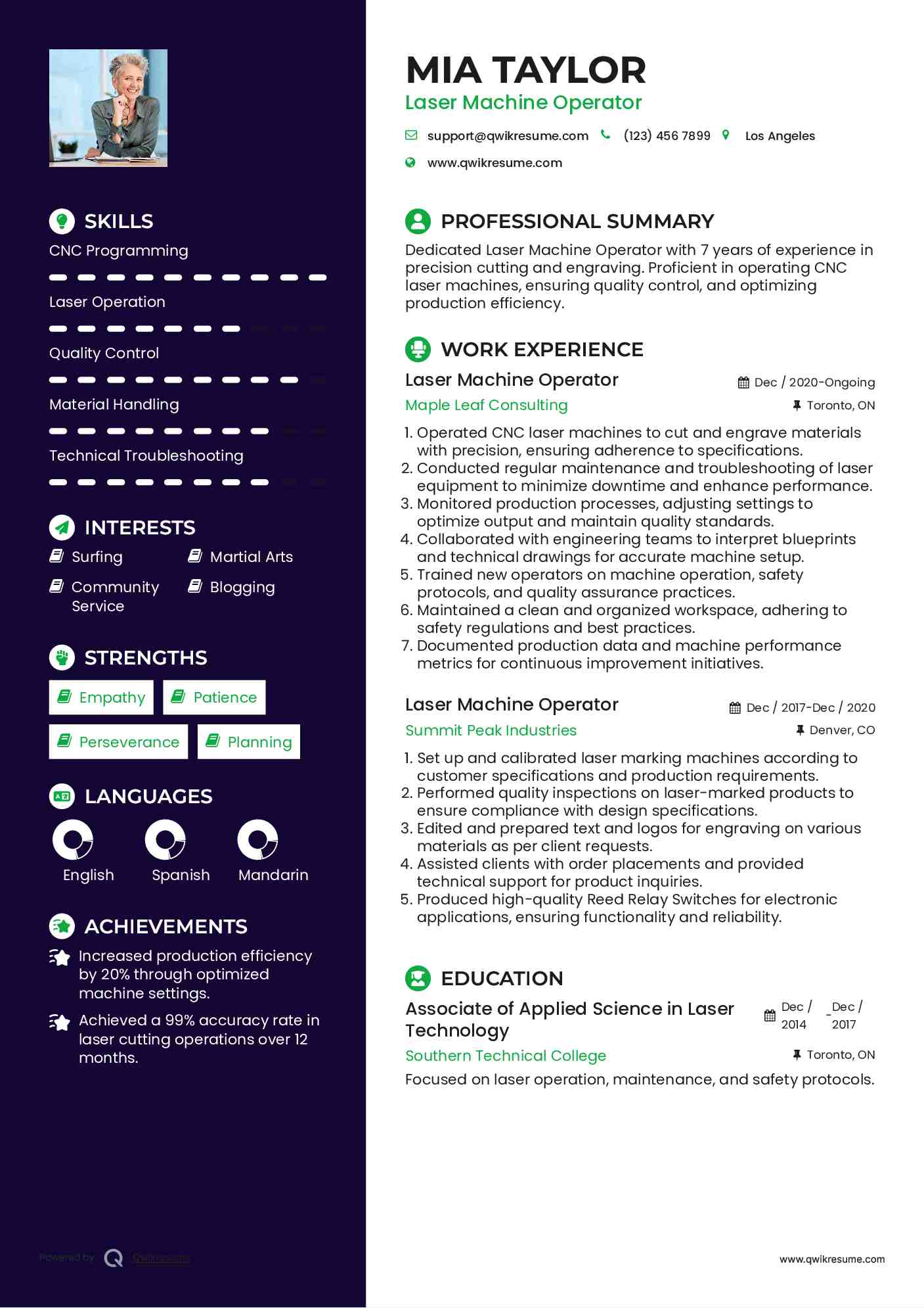 Laser Machine Operator Resume Example